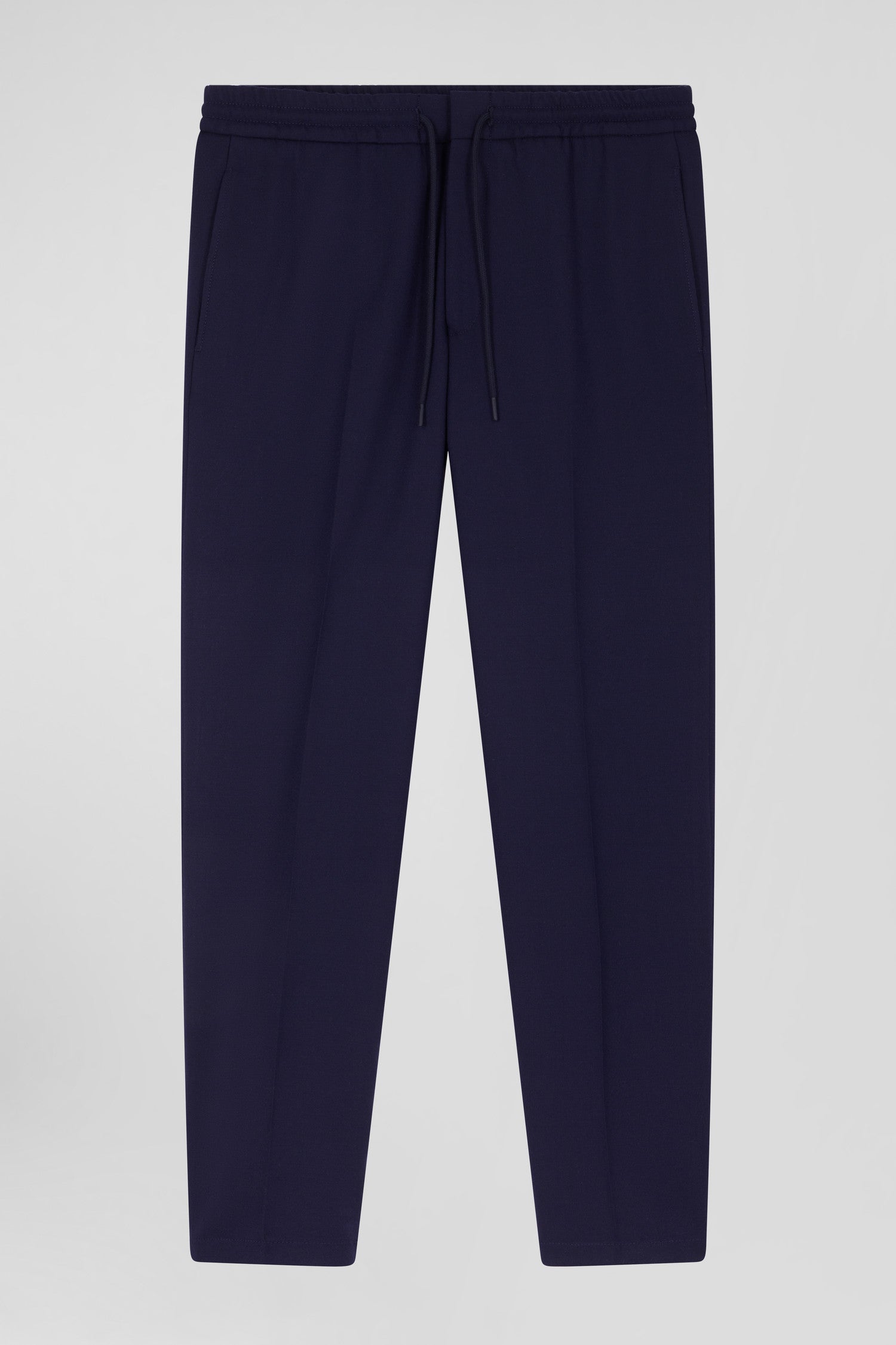 Modern navy blue blended wool elastic waist trousers