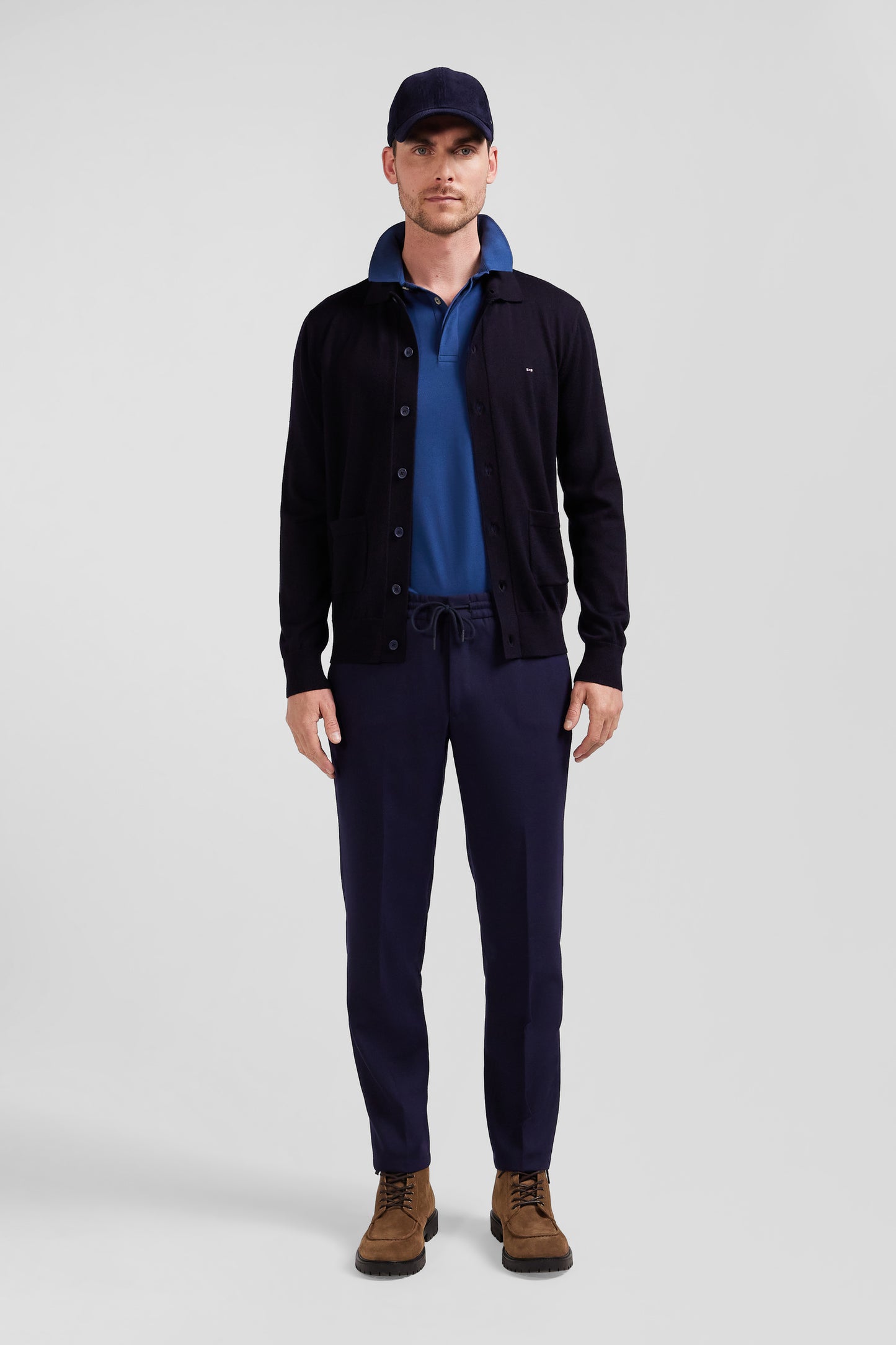 Modern navy blue blended wool elastic waist trousers