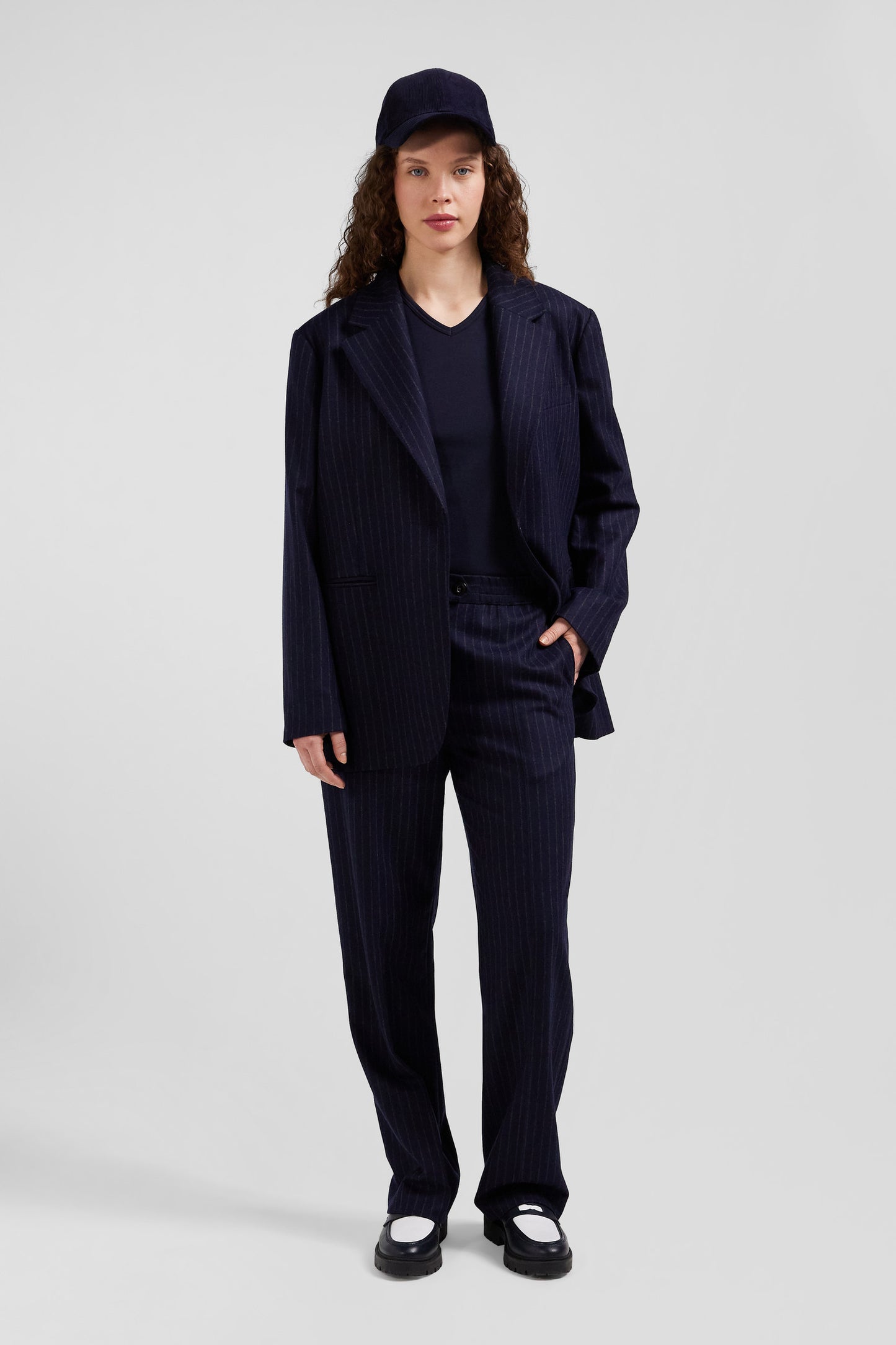 Pantalon en laine rayé bleu marine coupe Modern