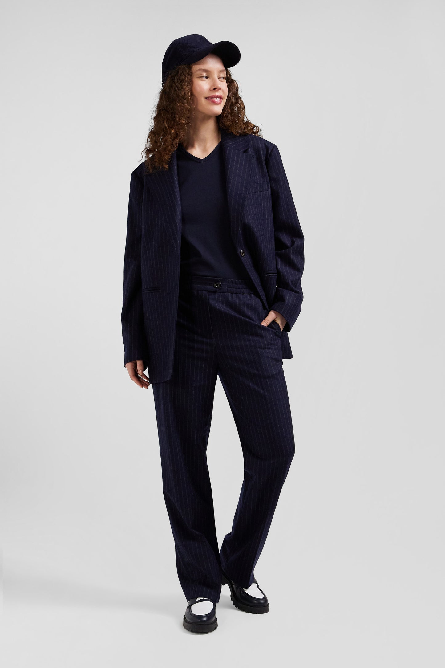 Pantalon en laine rayé bleu marine coupe Modern