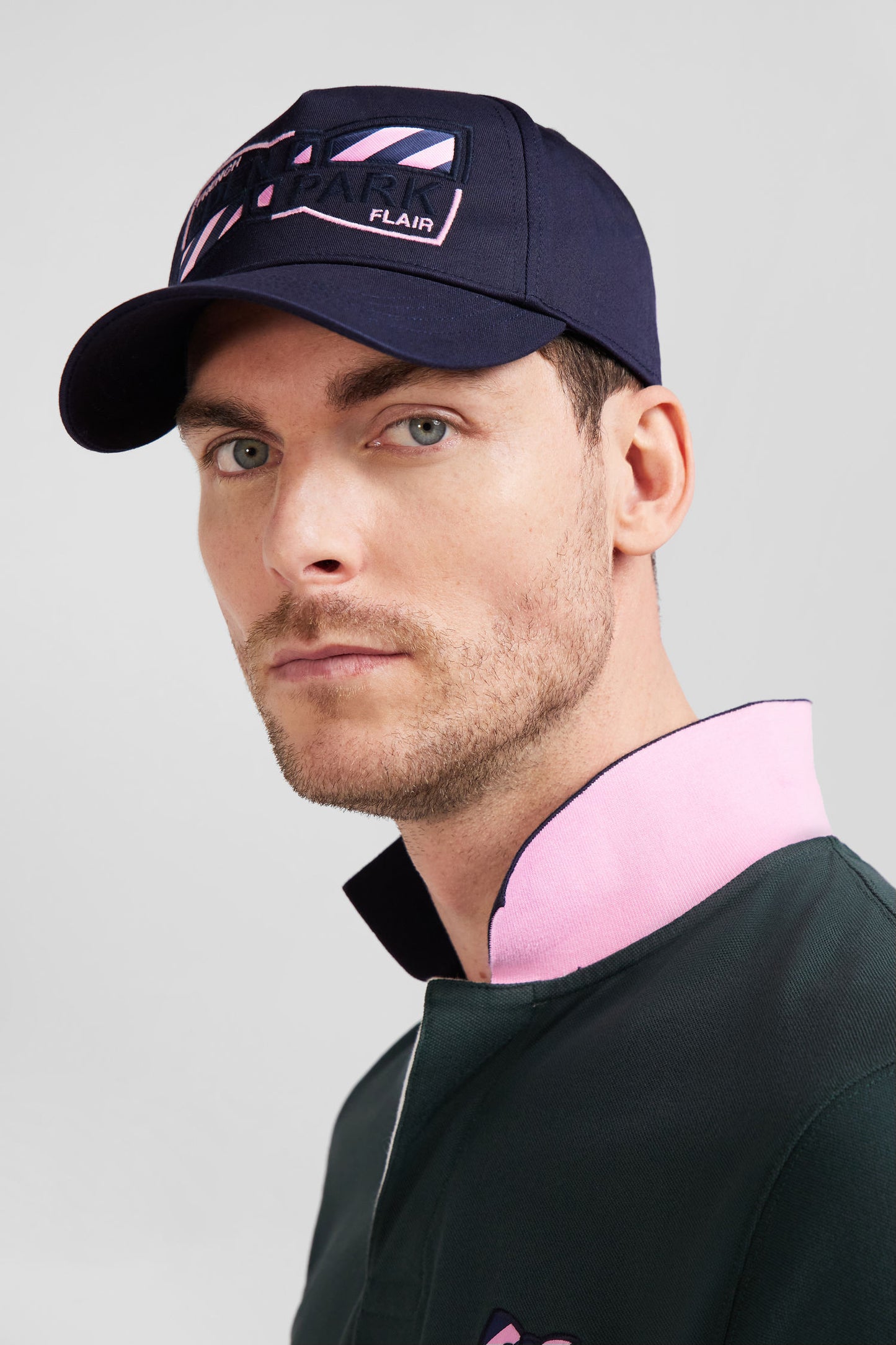 Navy blue cotton cap with bow tie embroidery and tie fabric patchwork