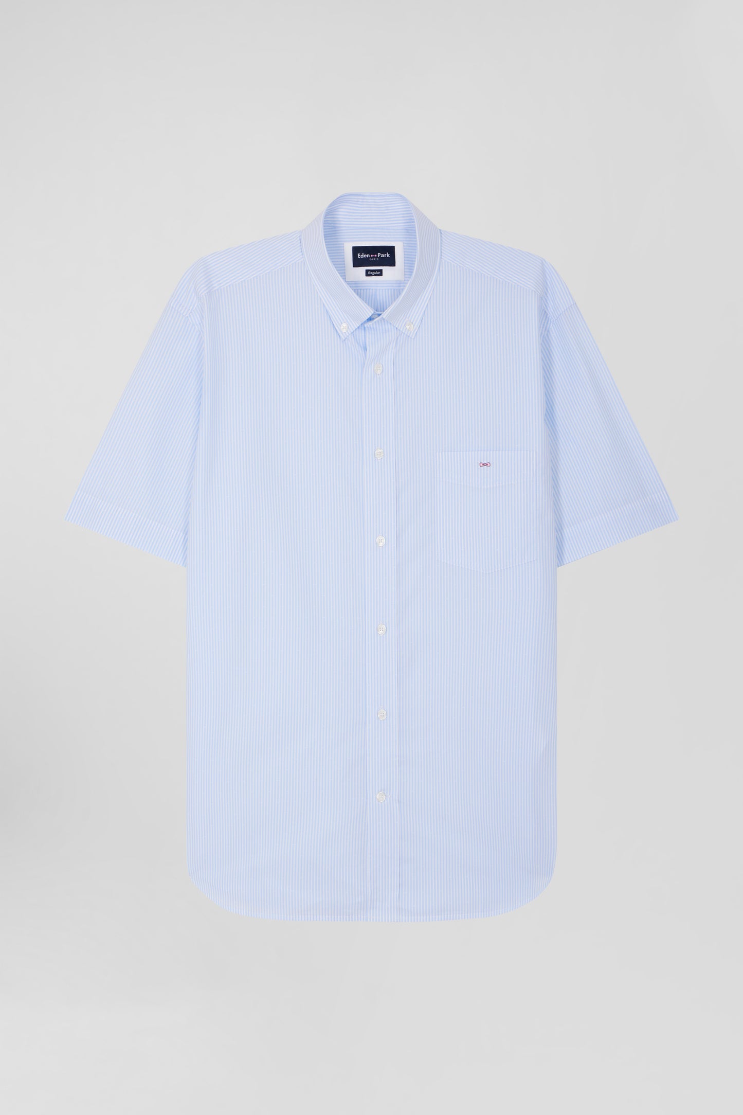 Regular sky blue and white striped cotton short-sleeved shirt