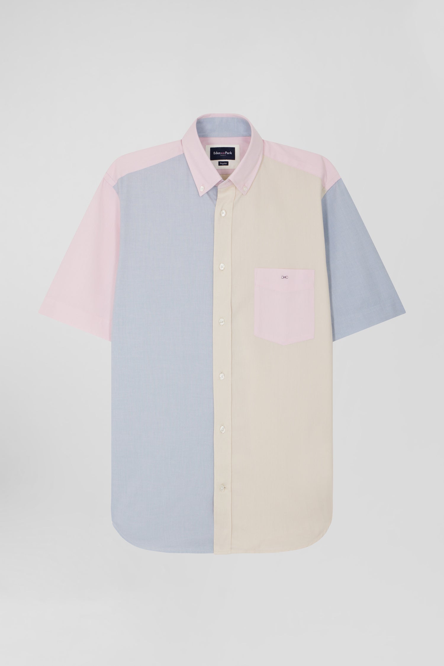 Regular sky blue cotton colourblock short-sleeved shirt