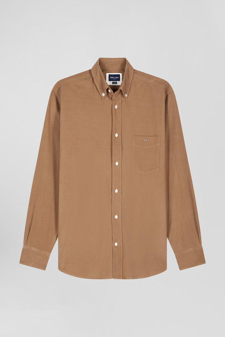 Chemise en coton uni camel col boutonné et poche poitrine coupe Regular