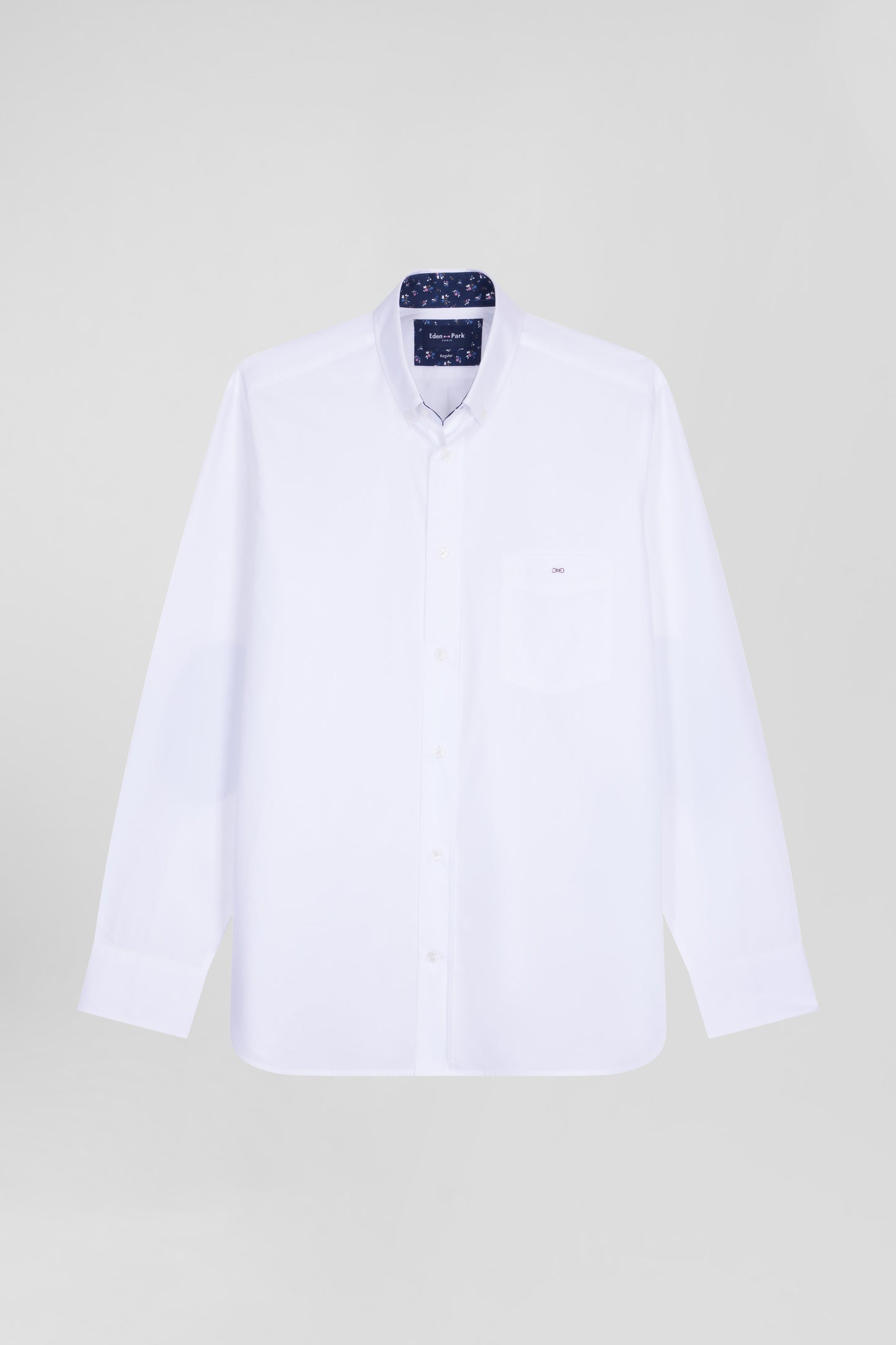 Regular white cotton poplin shirt with button-down collar and printed elbow patches