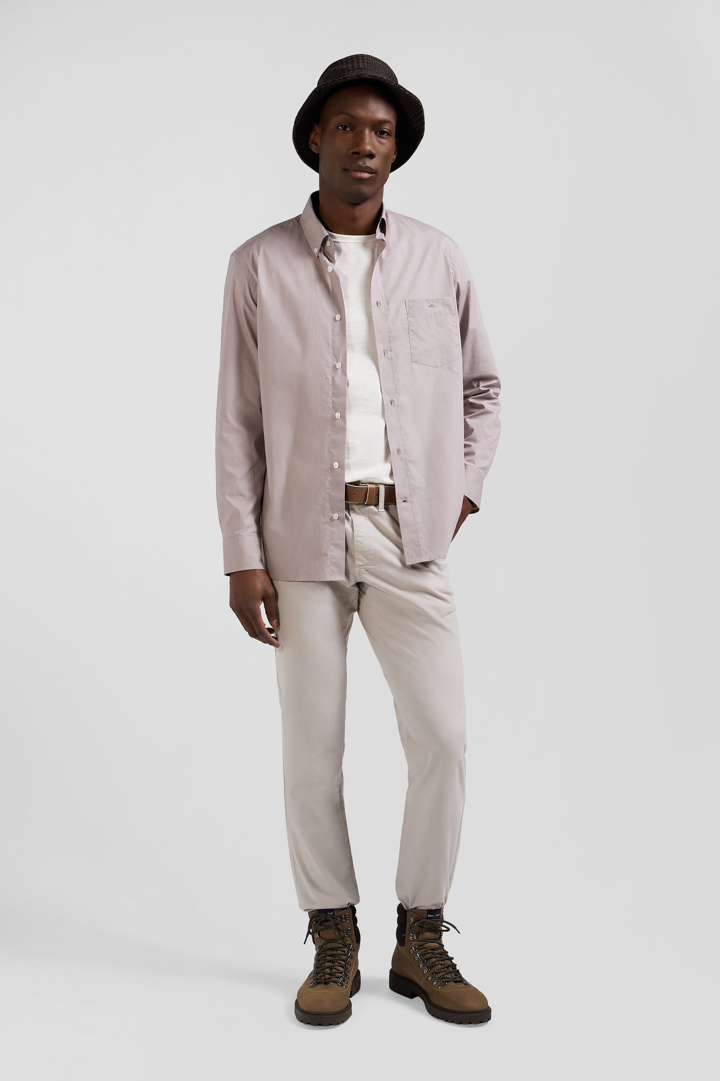 Regular grey cotton poplin shirt with button-down collar and printed elbow patches