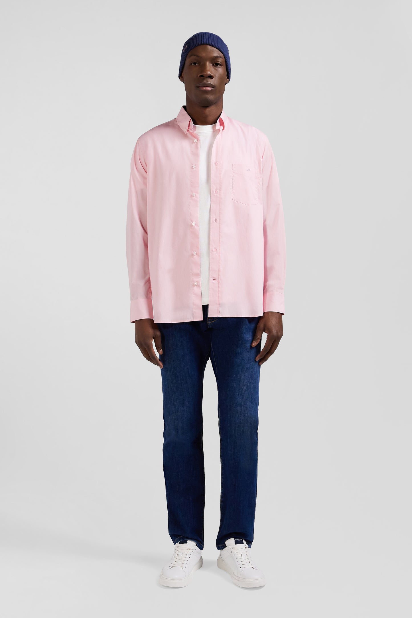 Regular pink cotton poplin shirt with button-down collar and printed elbow patches