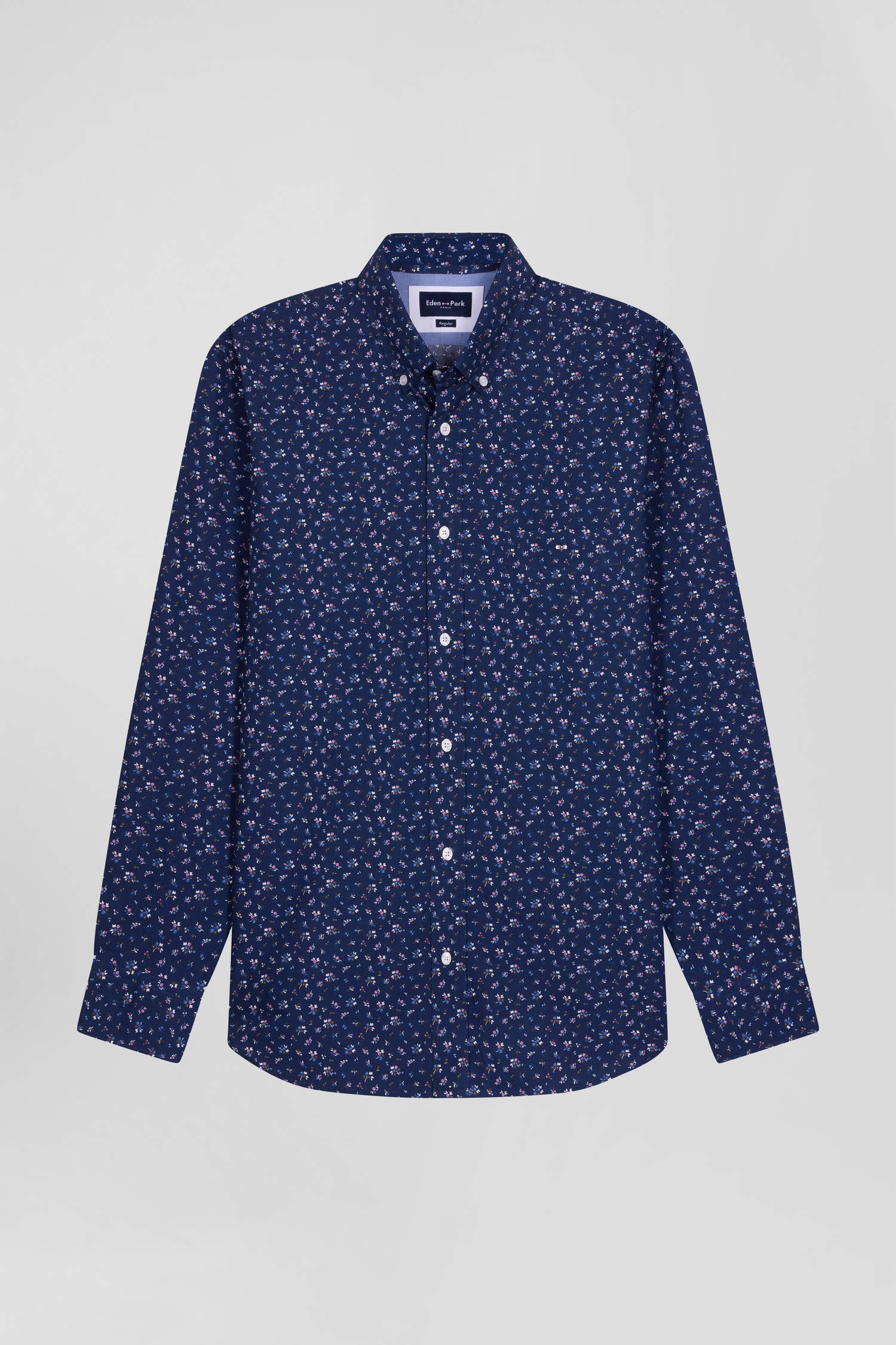 Regular navy blue cotton poplin shirt with micro floral print