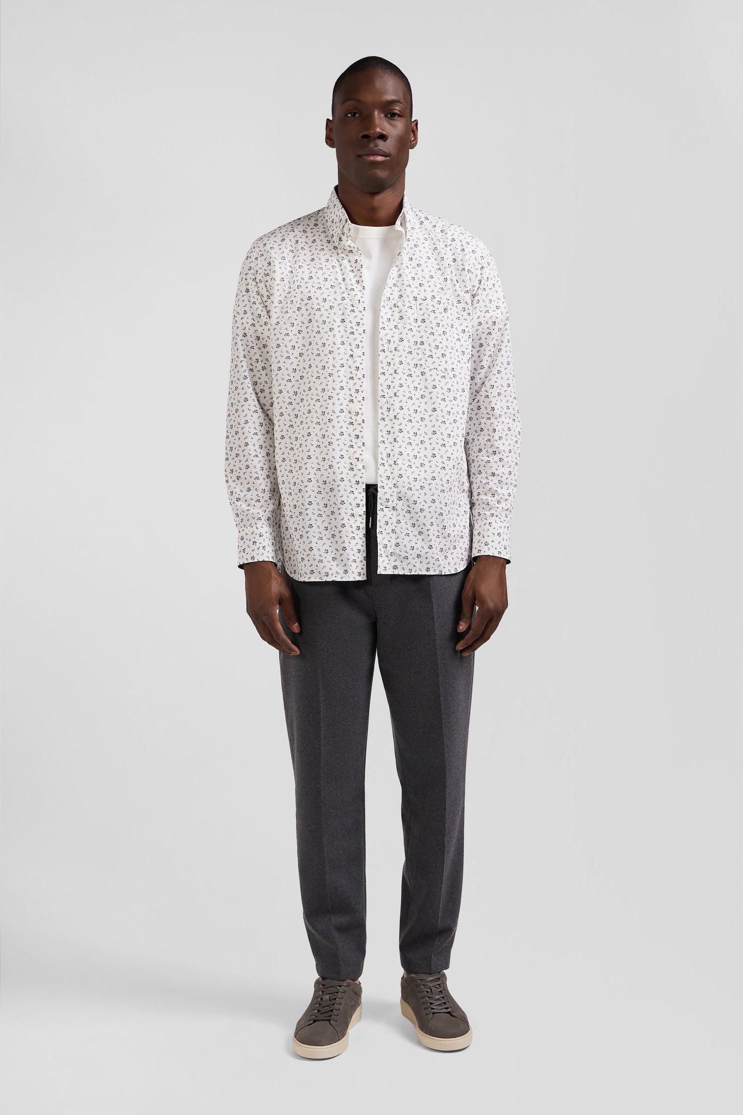 Regular ecru cotton poplin shirt with micro floral print