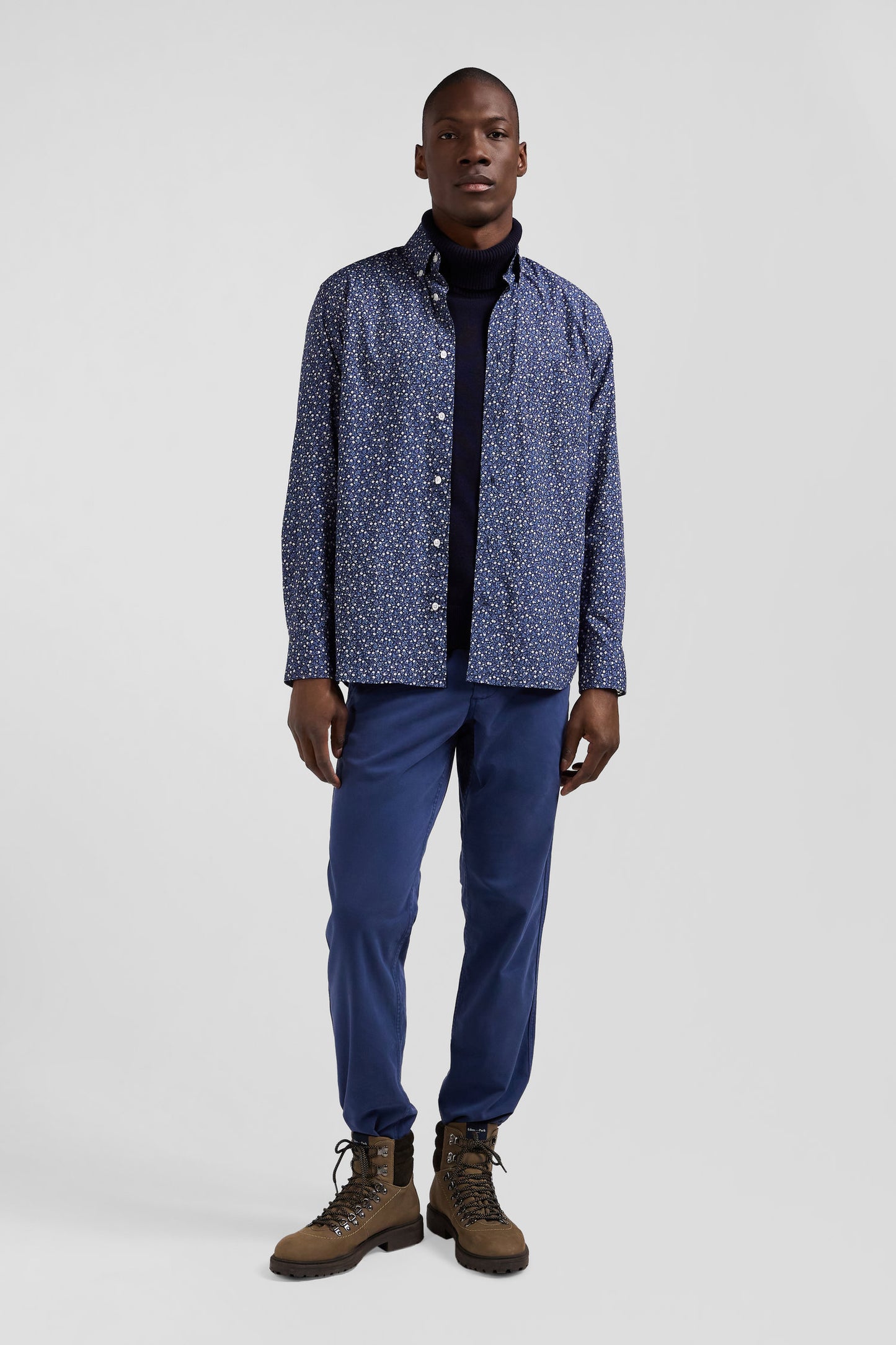 Regular indigo cotton shirt with microprint