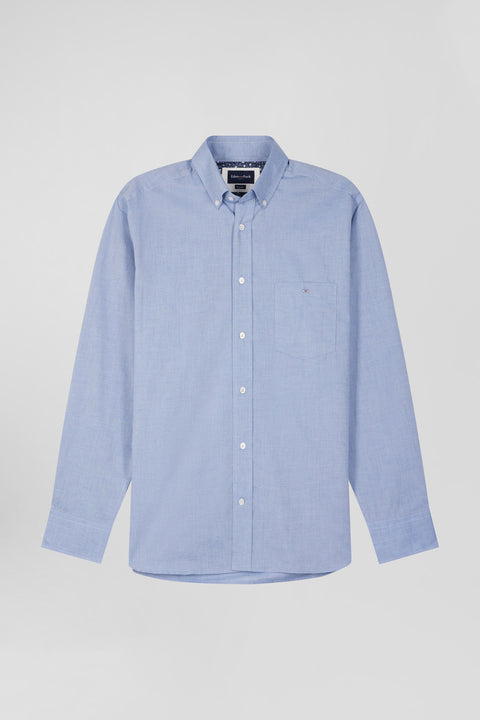 Regular sky blue cotton denim shirt with printed elbow patches - Image 2