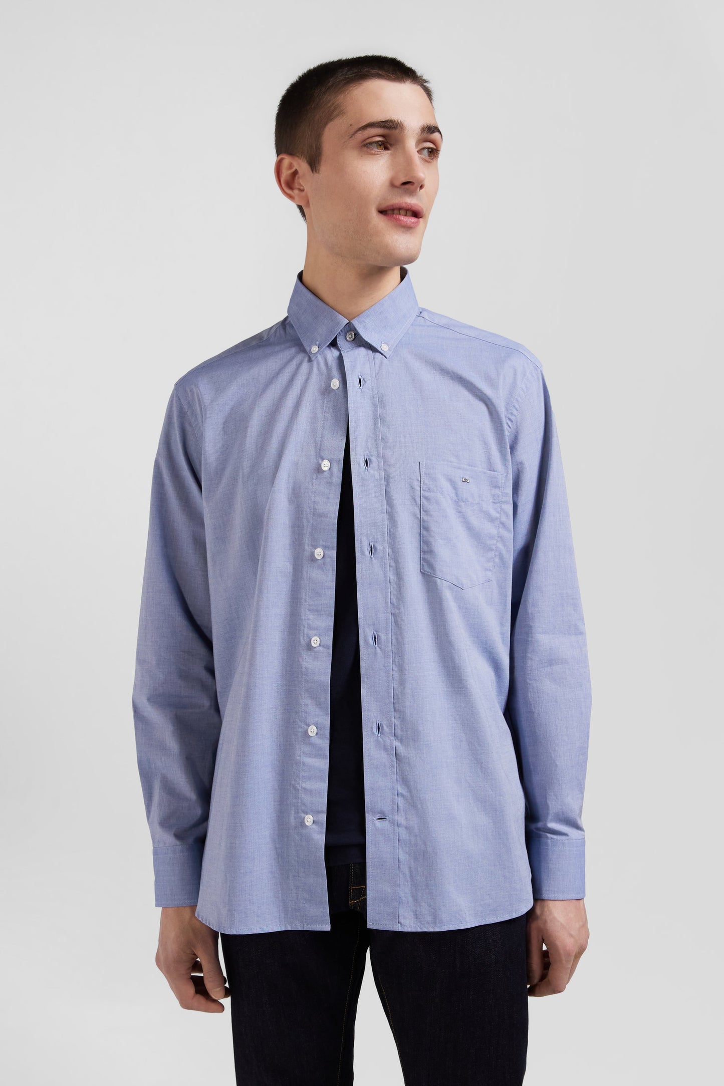 Regular sky blue cotton denim shirt with printed elbow patches