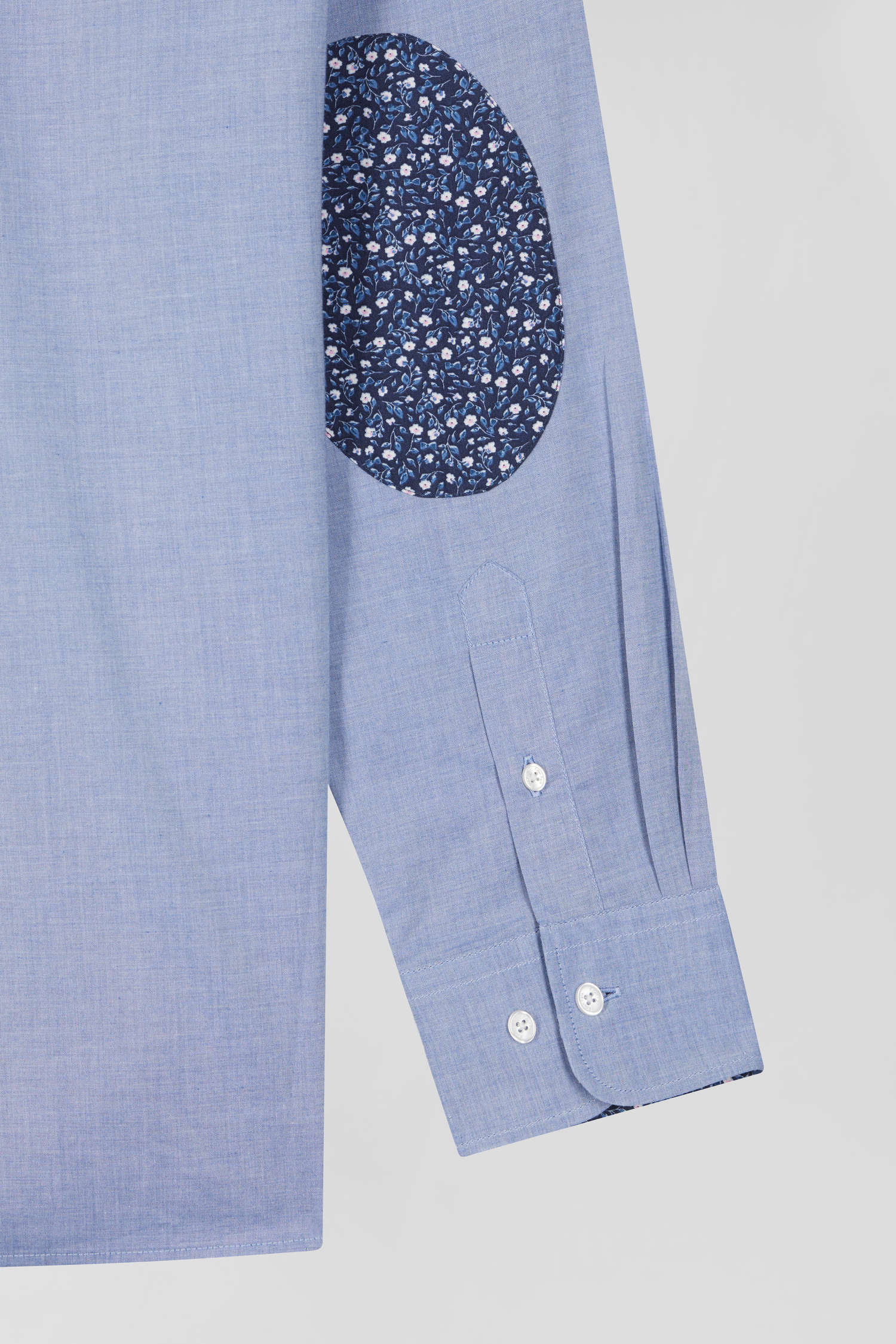 Regular sky blue cotton denim shirt with printed elbow patches