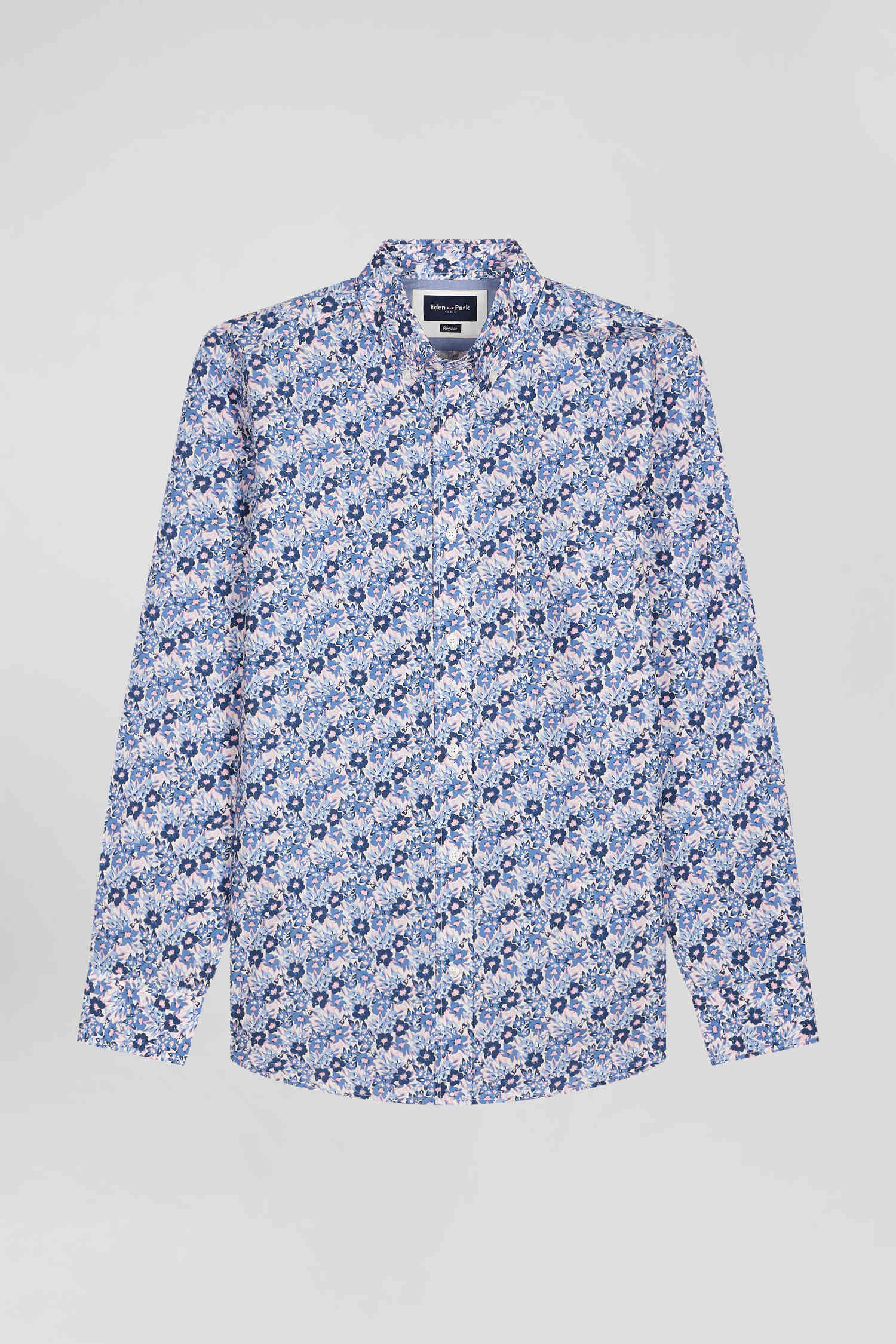 Regular blue cotton poplin shirt with floral print