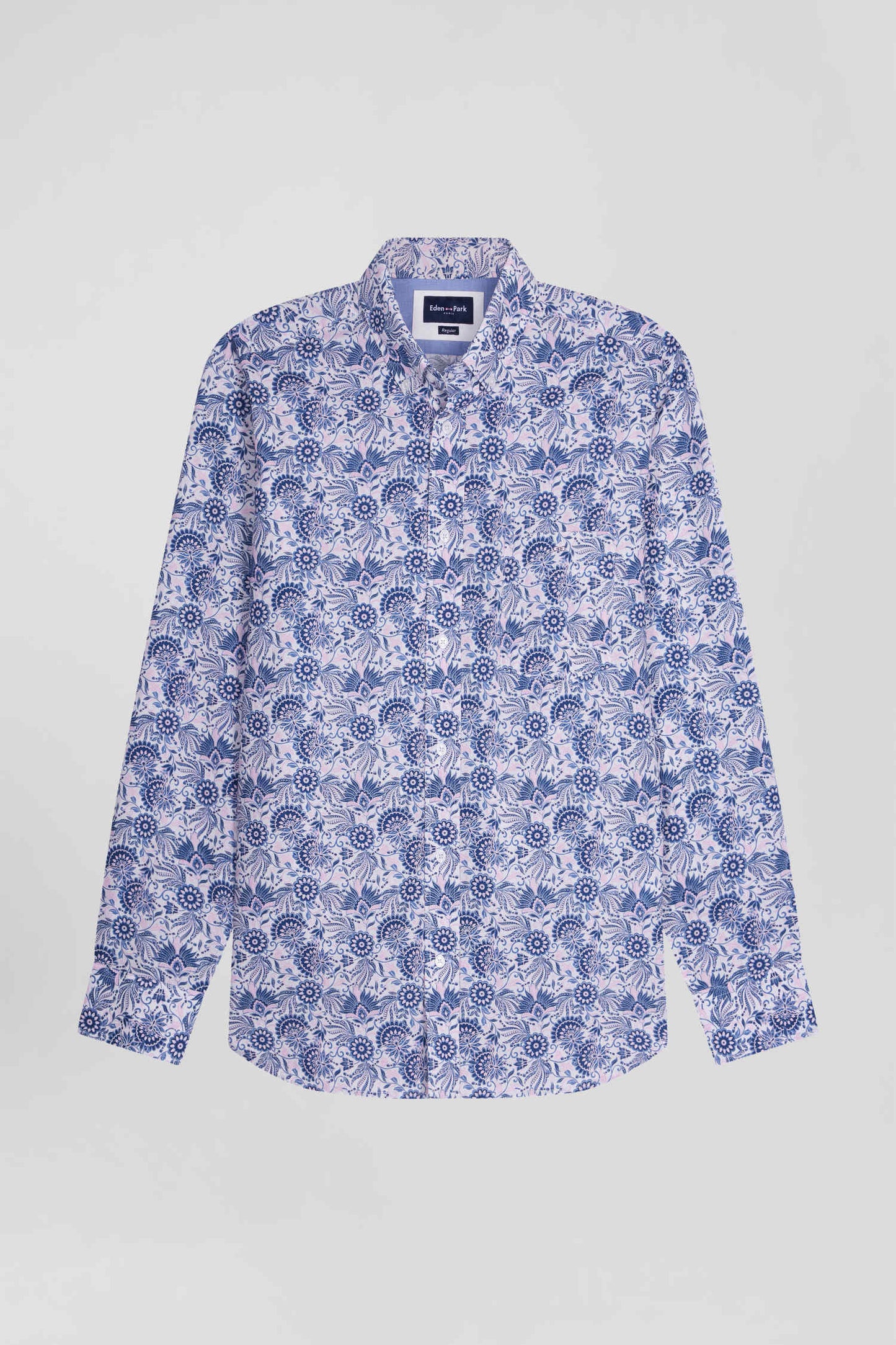 Regular ecru and blue cotton shirt with graphic print