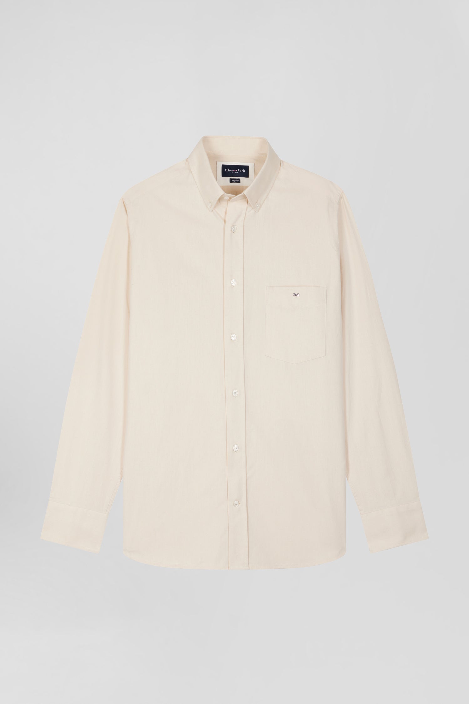 Regular plain beige cotton twill shirt with button-down collar