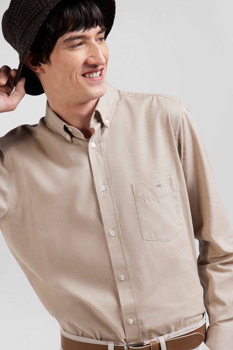 Regular plain brown cotton twill shirt with button-down collar - Image 3
