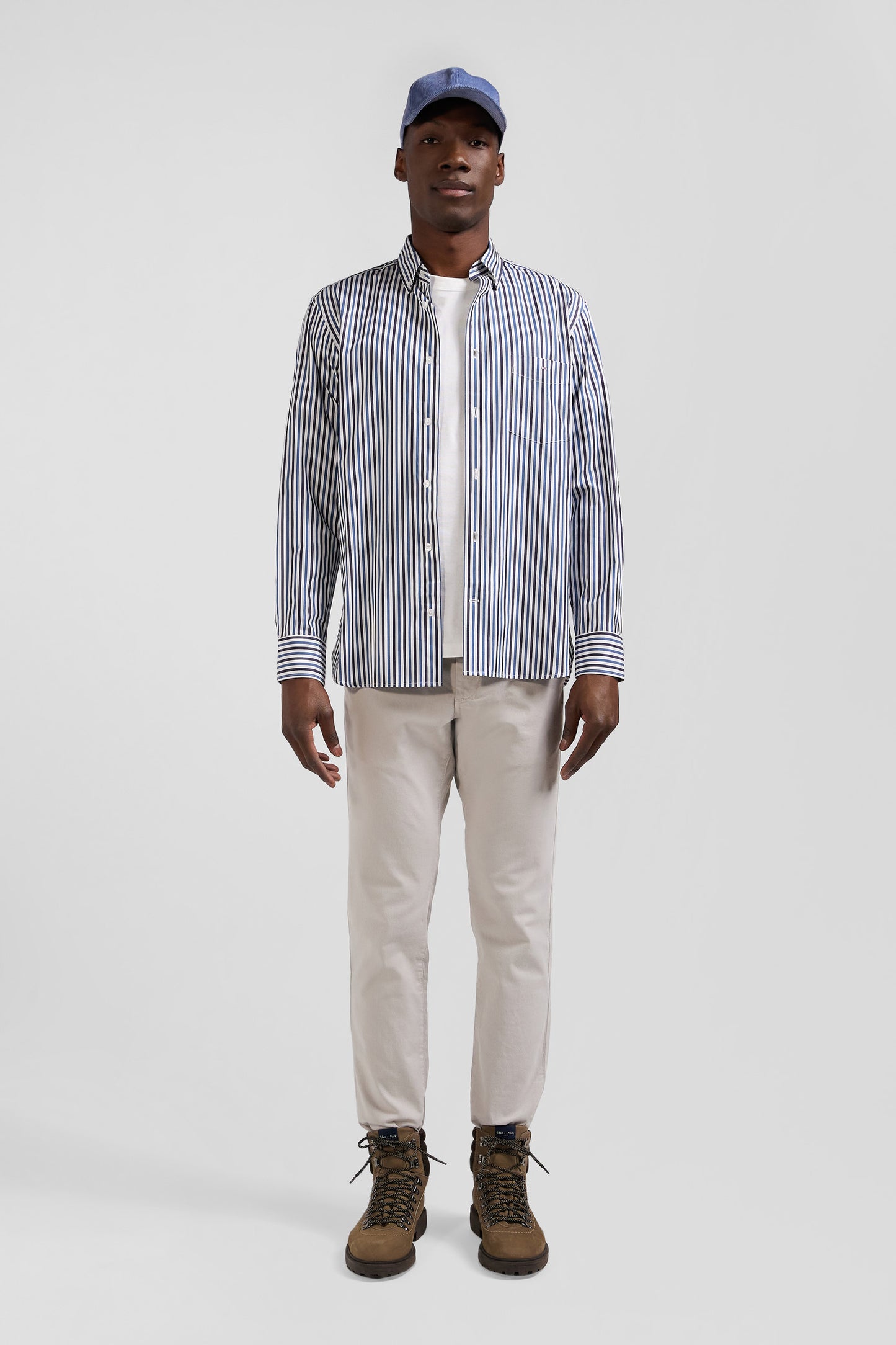 Regular dark blue striped cotton poplin shirt