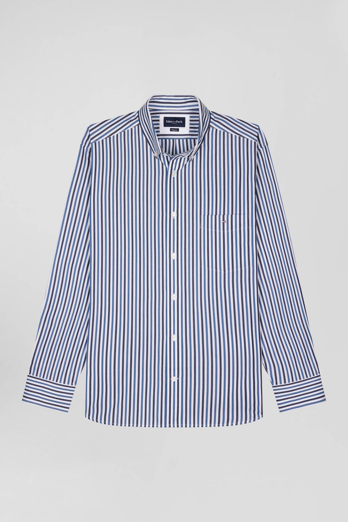 Regular dark blue striped cotton poplin shirt