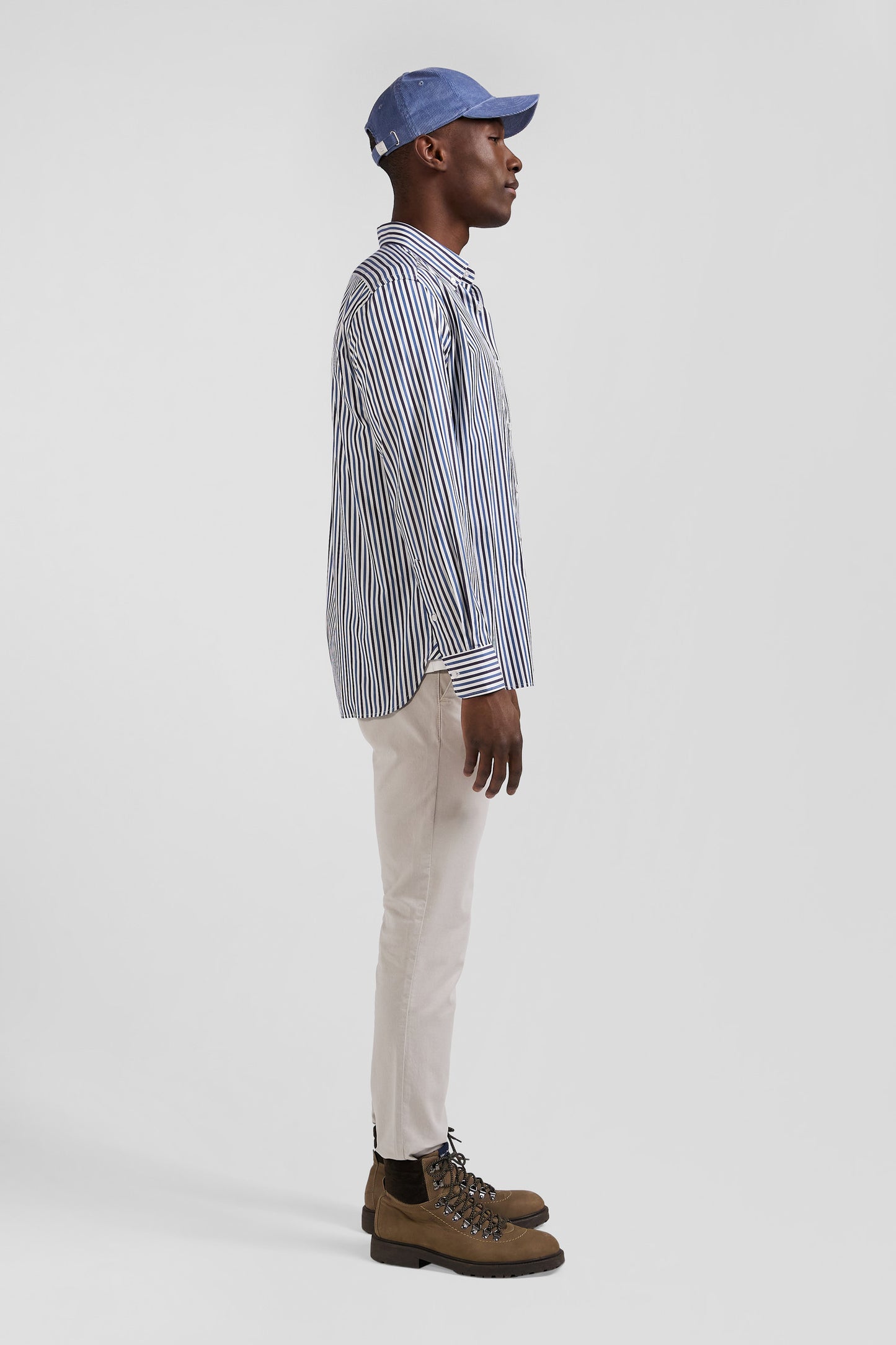 Regular dark blue striped cotton poplin shirt