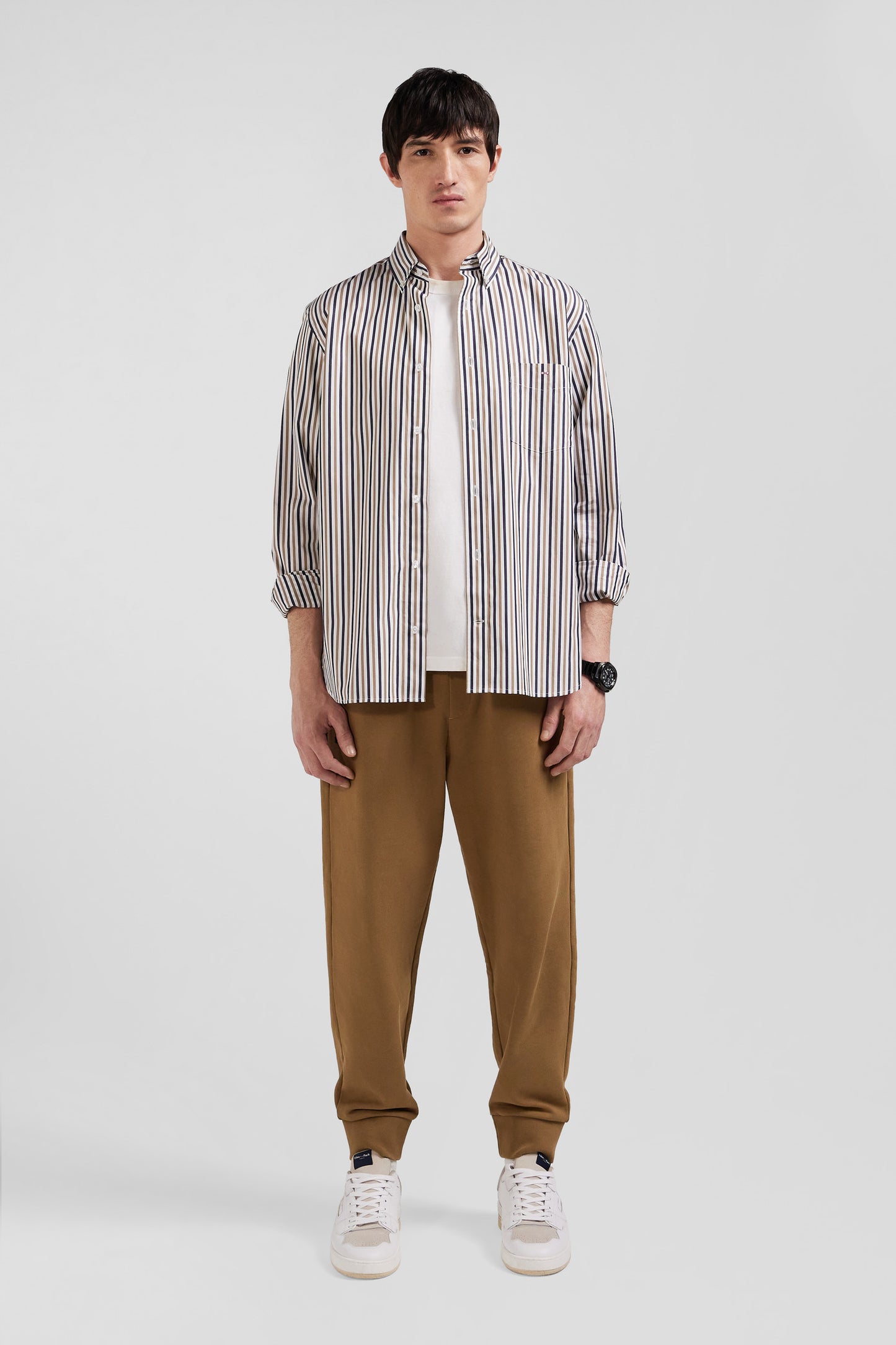 Regular greige striped cotton poplin shirt