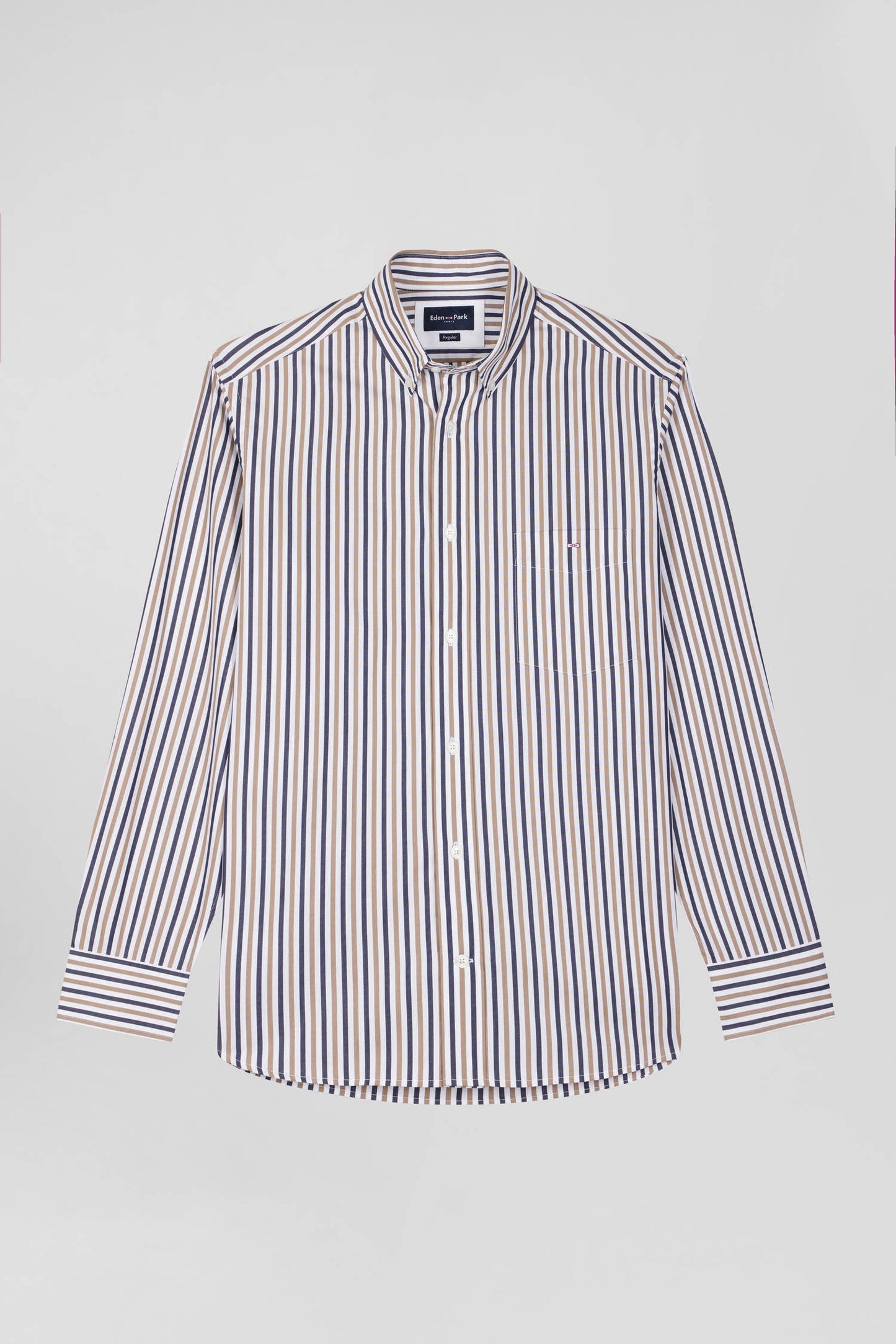 Regular greige striped cotton poplin shirt