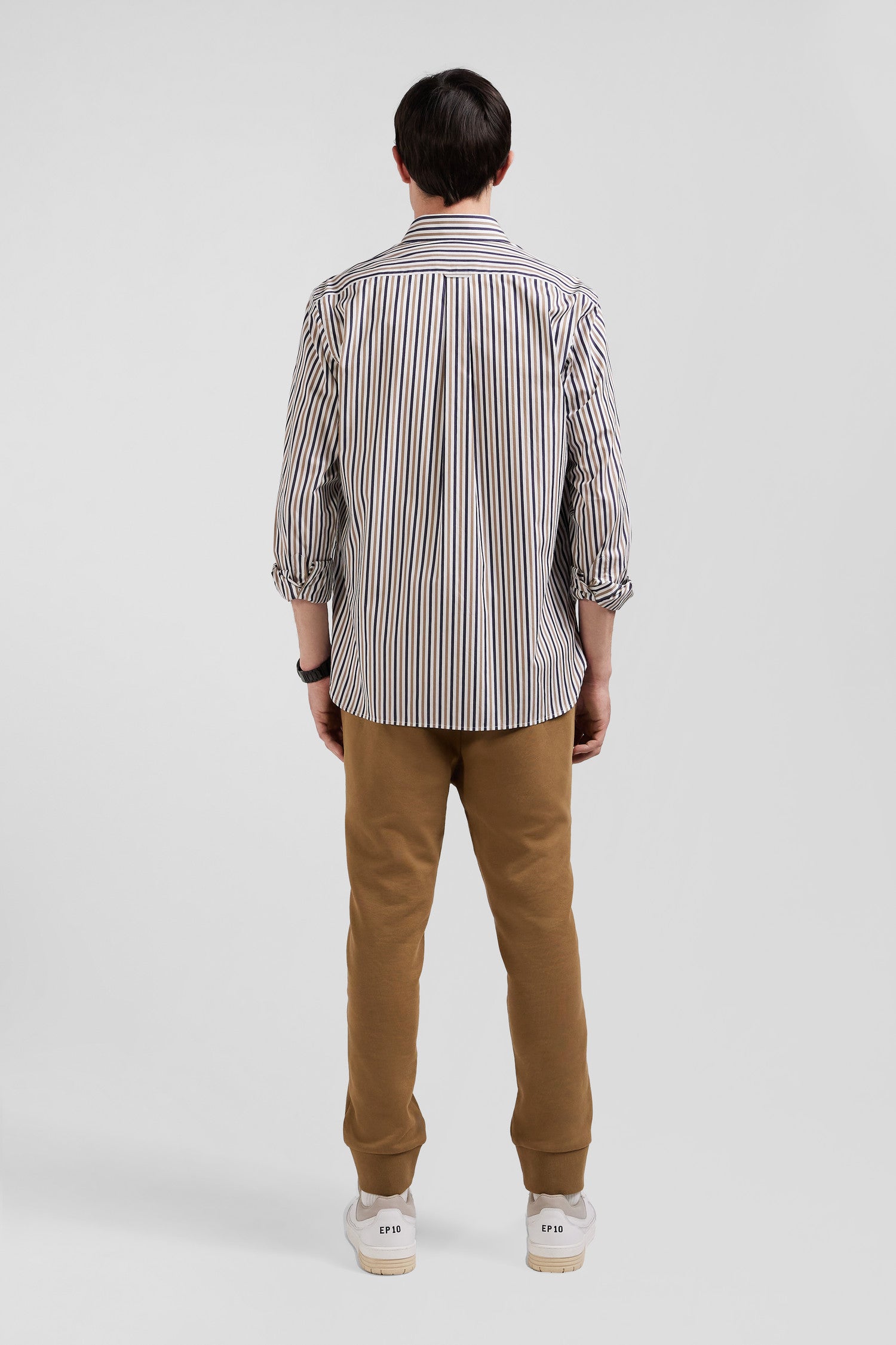 Regular greige striped cotton poplin shirt