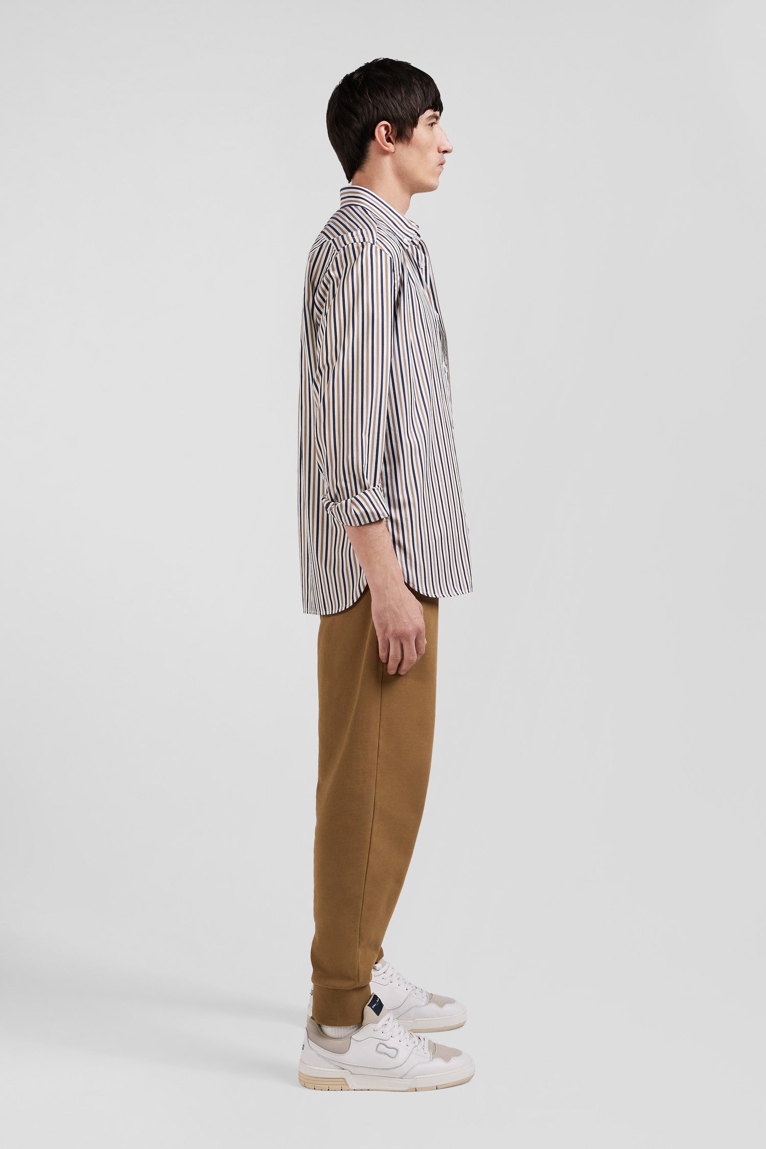 Regular greige striped cotton poplin shirt