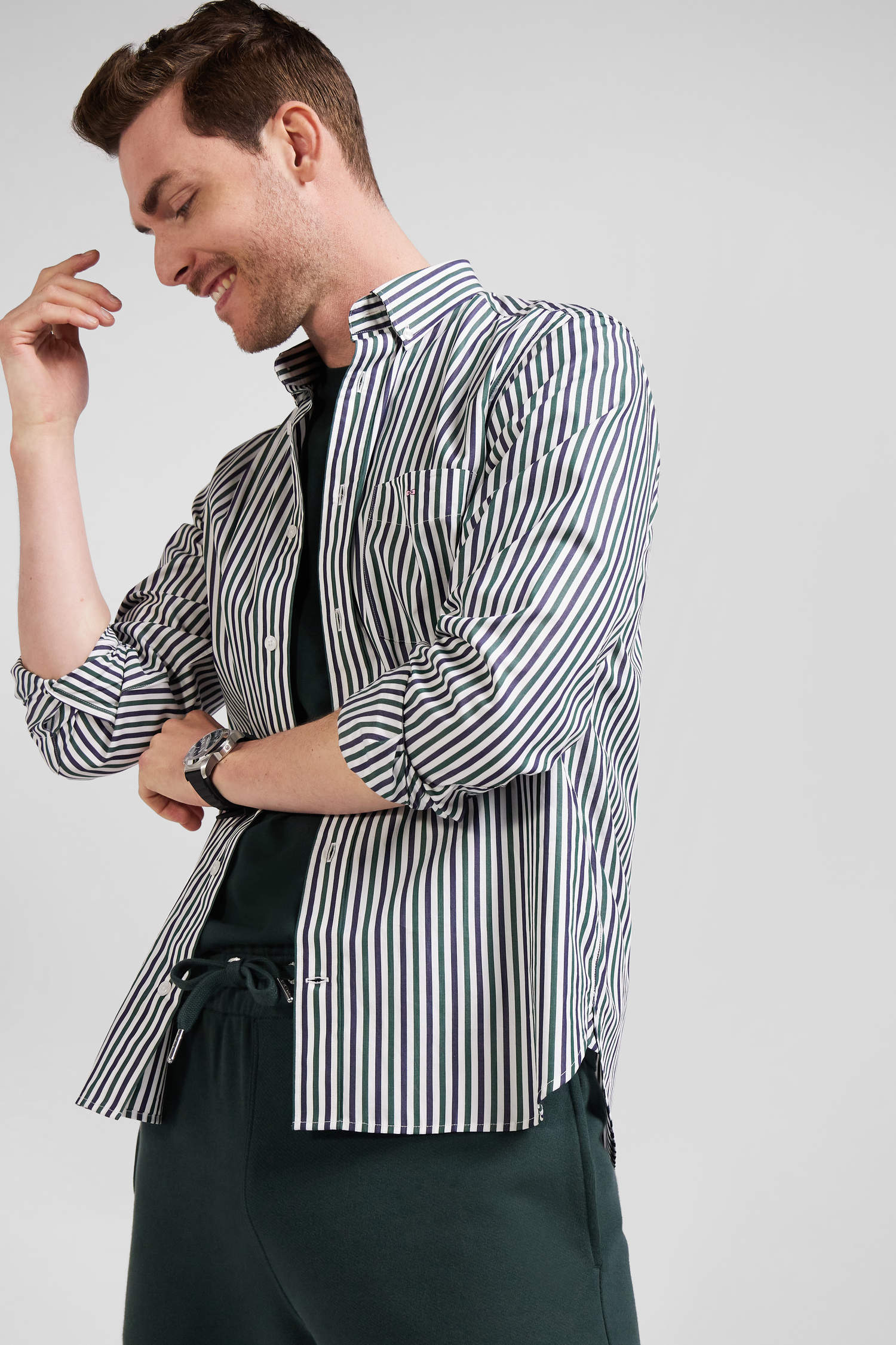 Green striped cotton poplin shirt Regular fit