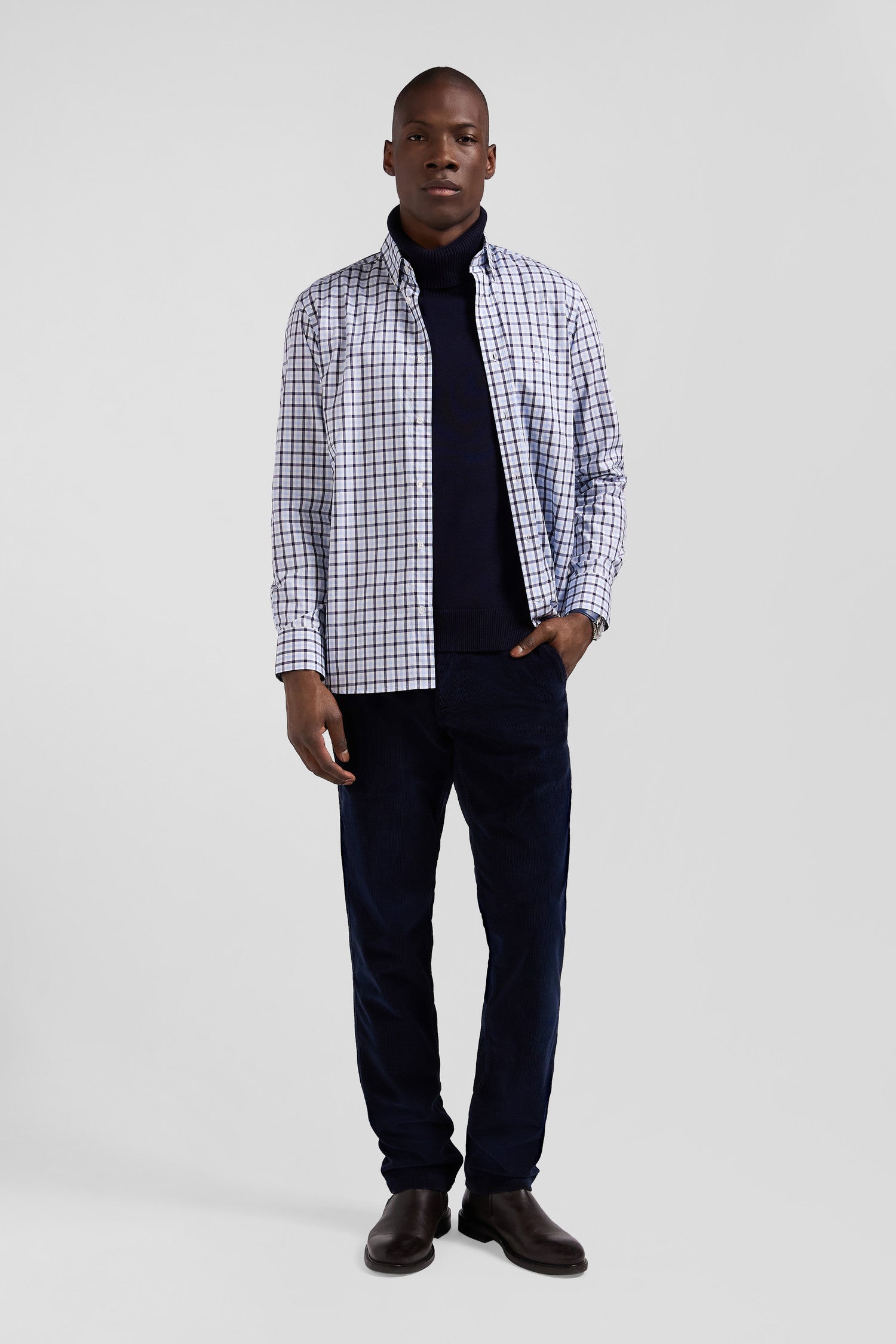 Regular blue and white checked cotton poplin shirt