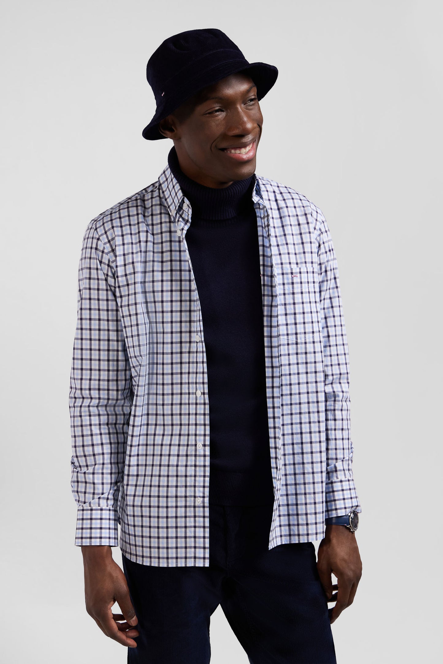 Regular blue and white checked cotton poplin shirt