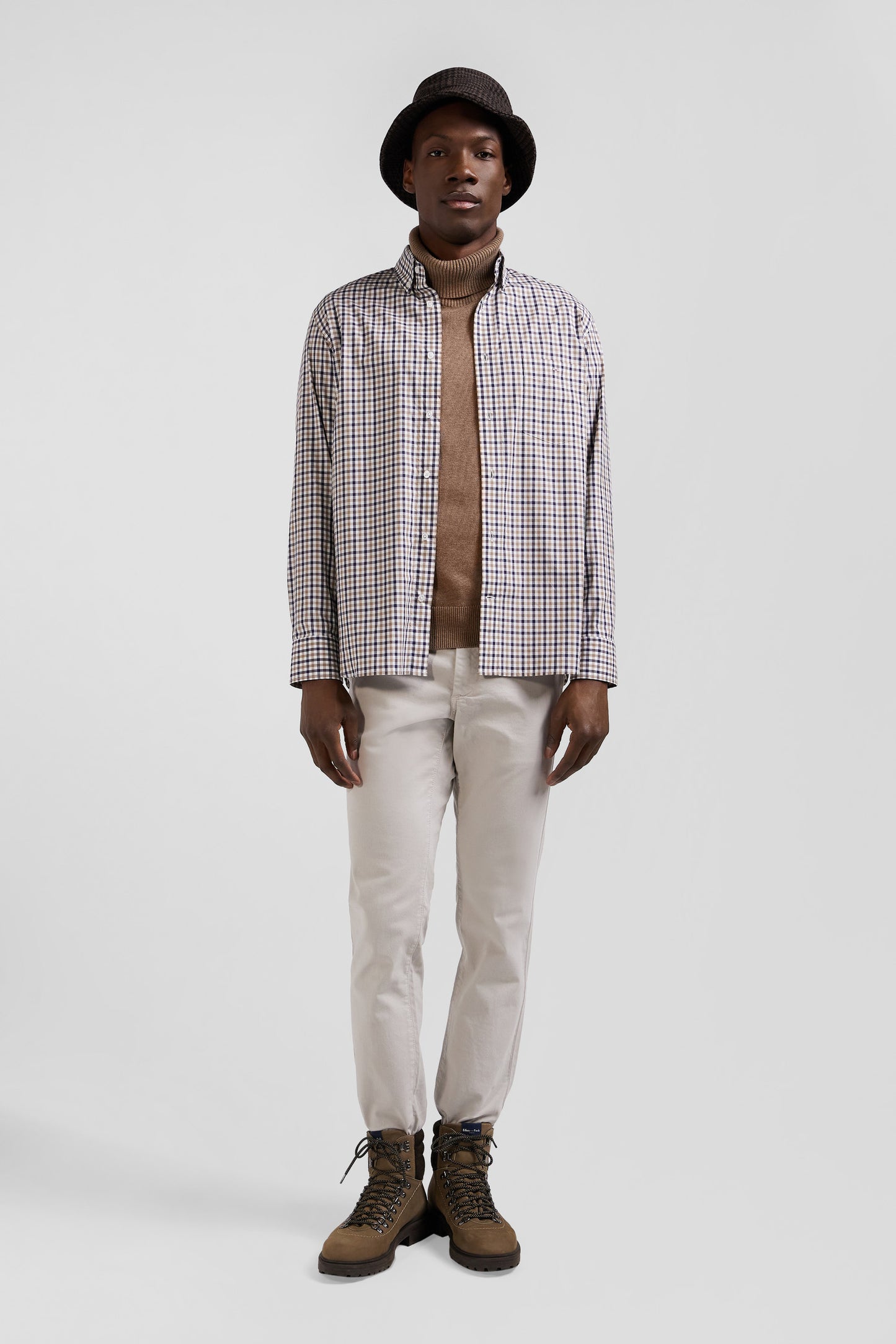 Regular brown and white checked cotton poplin shirt