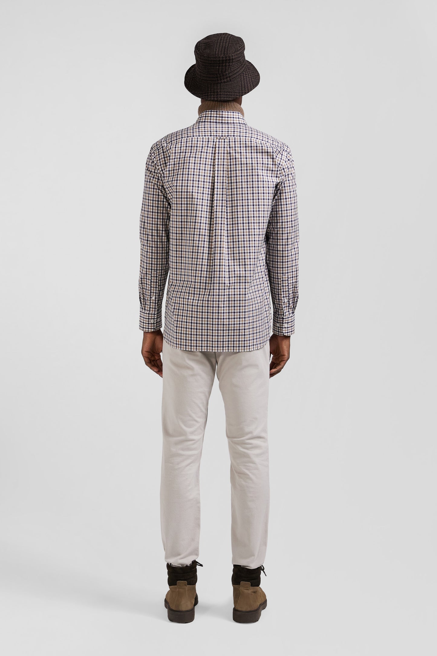 Regular brown and white checked cotton poplin shirt