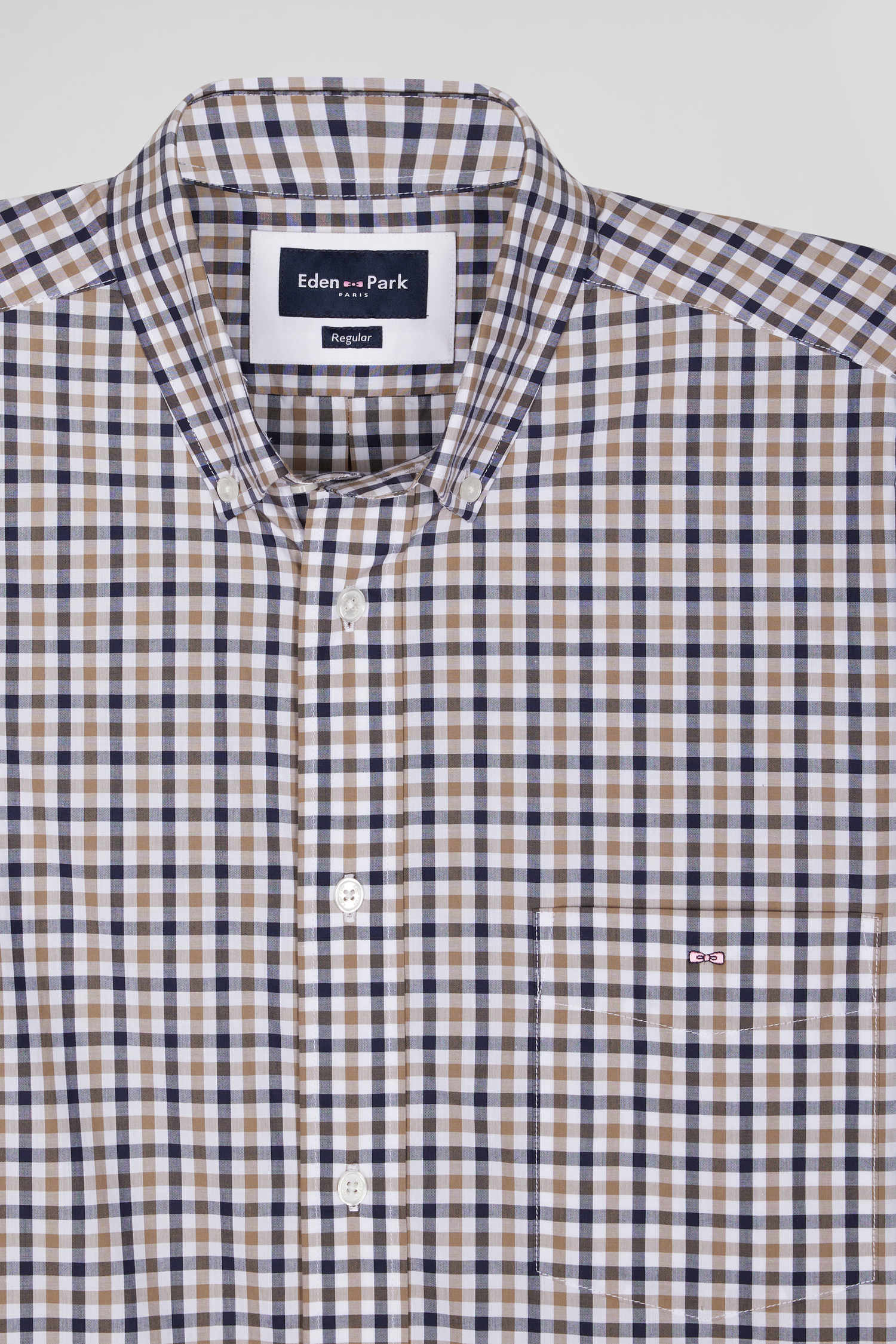 Regular brown and white checked cotton poplin shirt