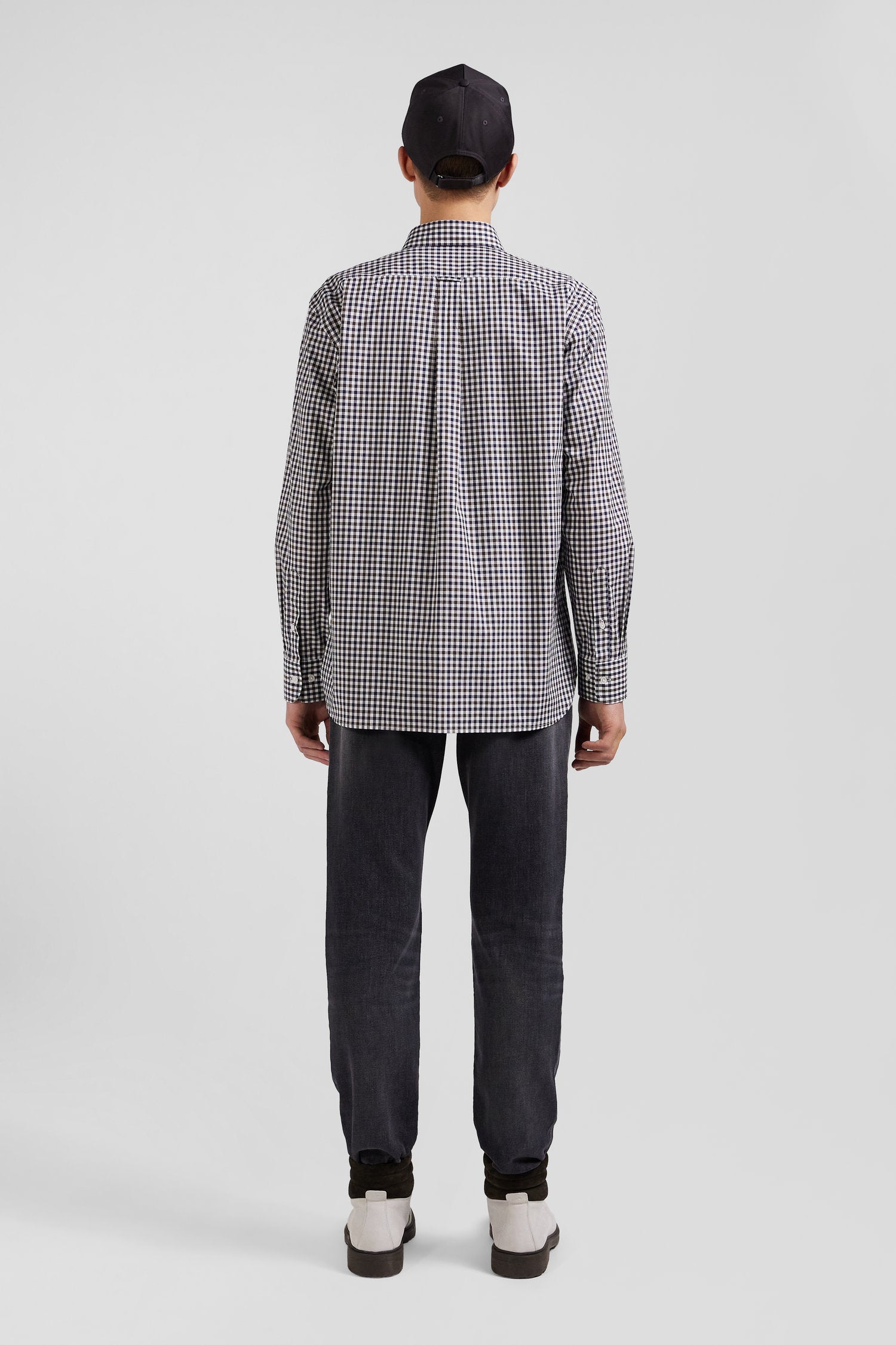 Regular navy and white checked cotton poplin shirt