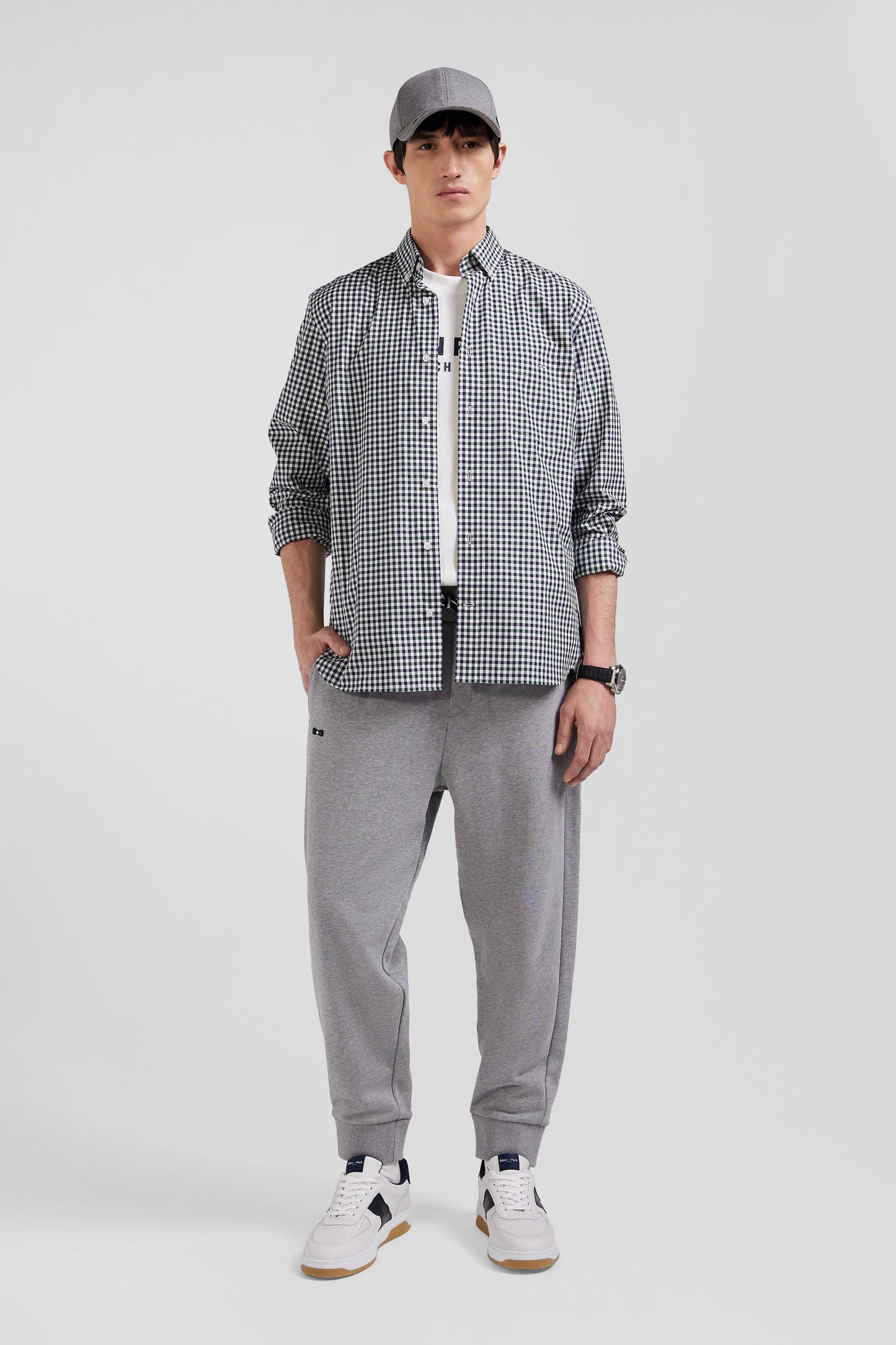 Regular green and white checked cotton poplin shirt