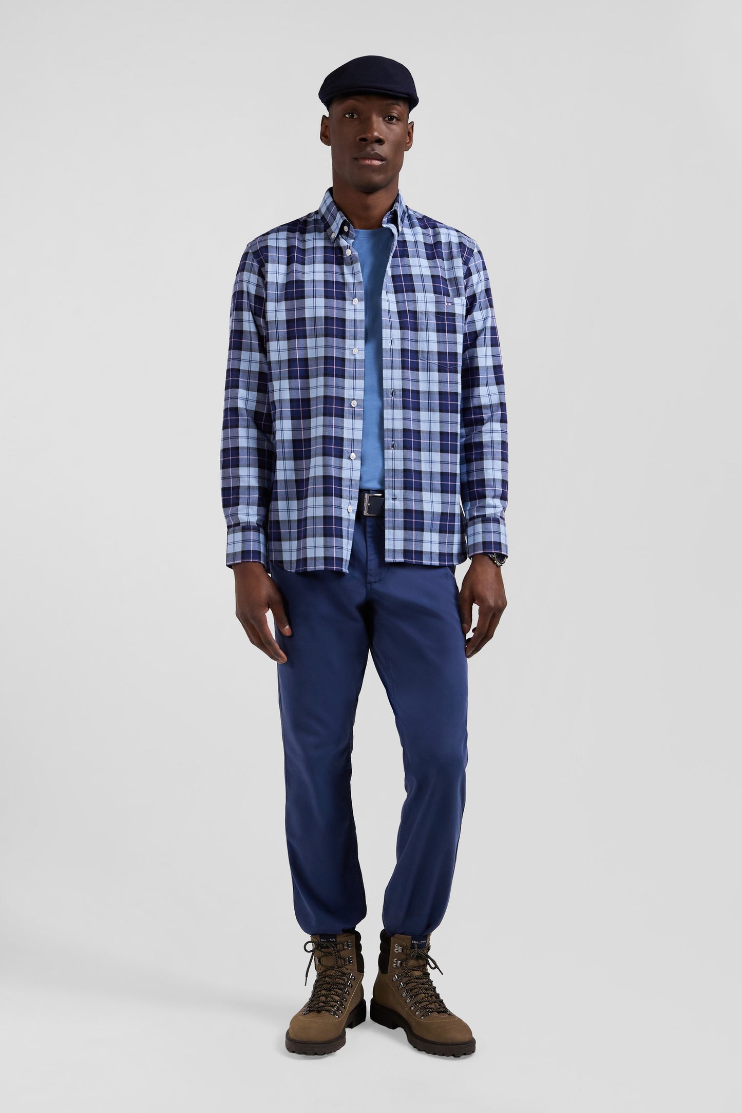 Regular sky blue checked cotton twill shirt
