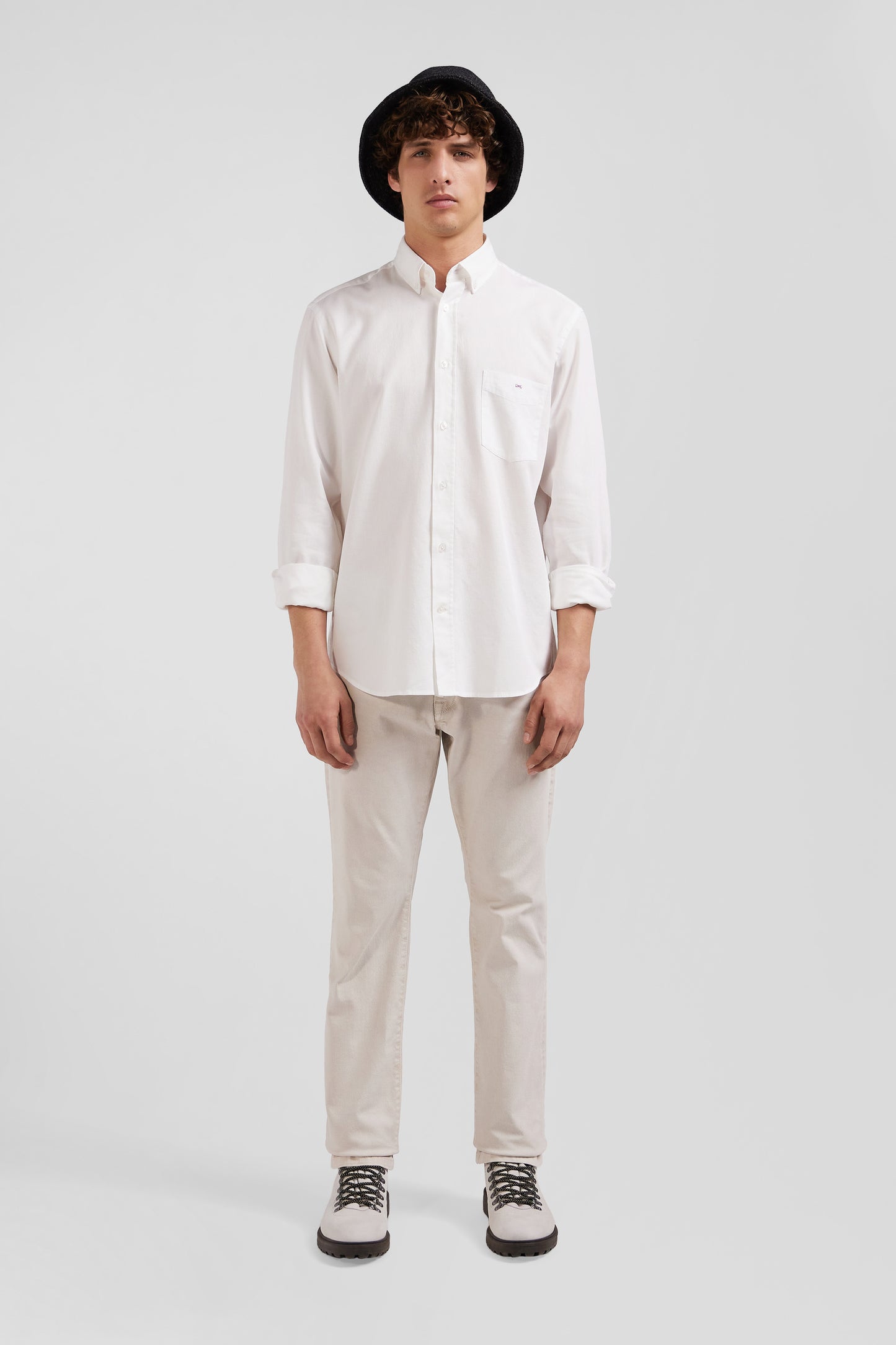 Regular plain white piqué cotton shirt