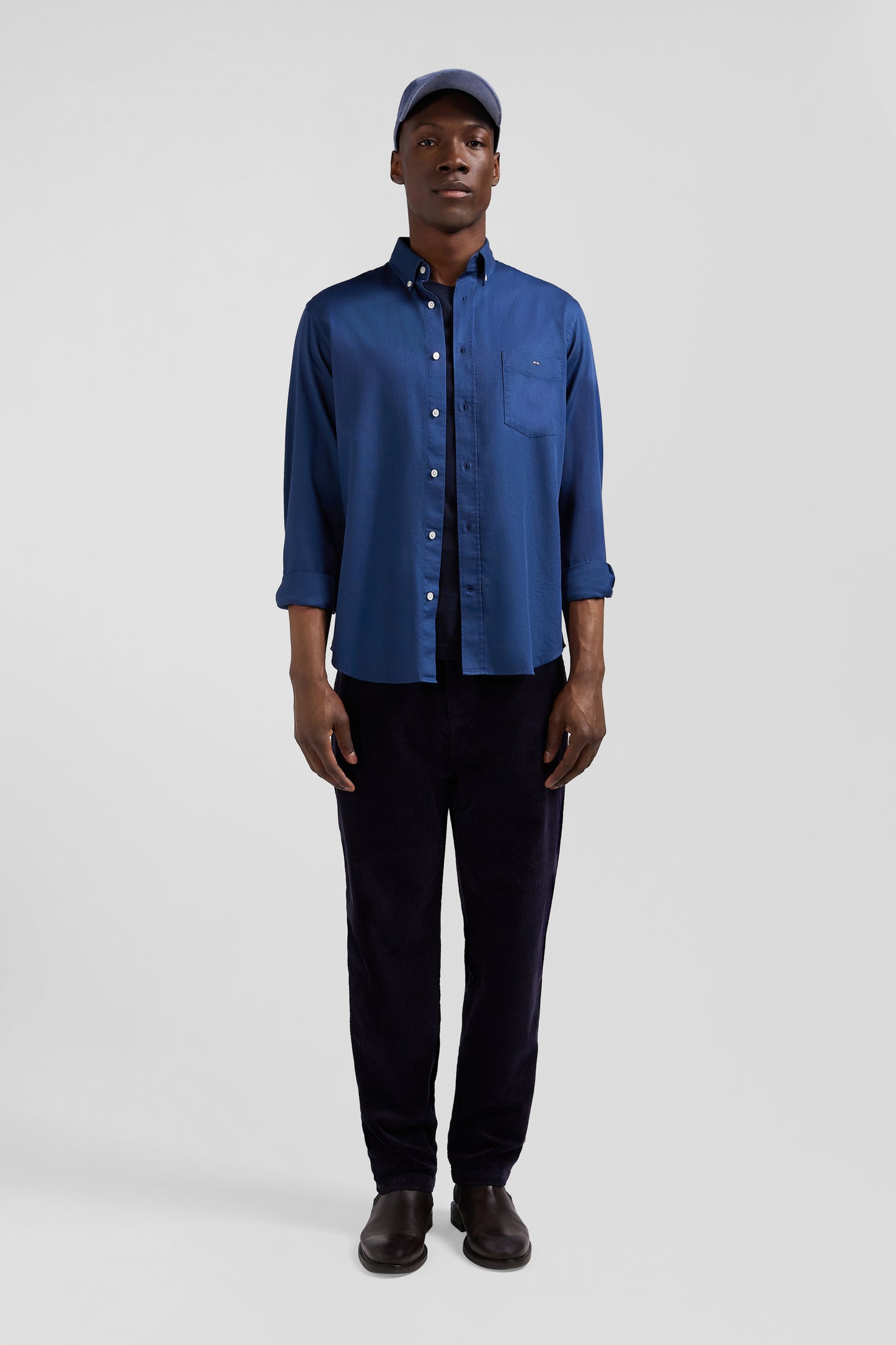 Regular plain blue piqué cotton shirt