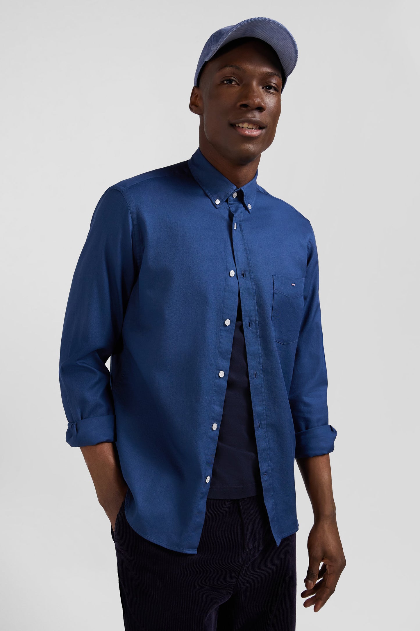 Regular plain blue piqué cotton shirt