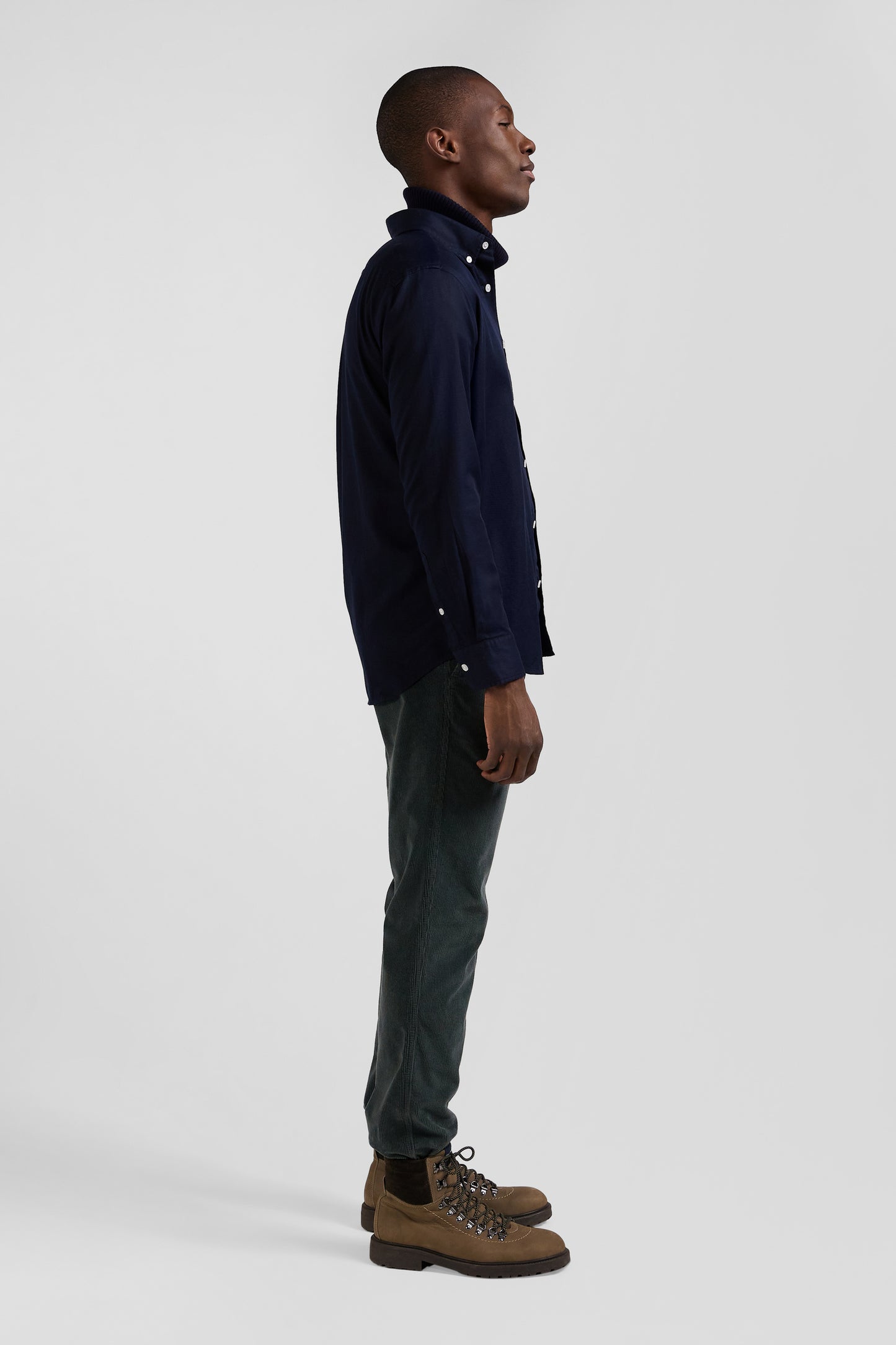 Regular plain navy blue piqué cotton shirt