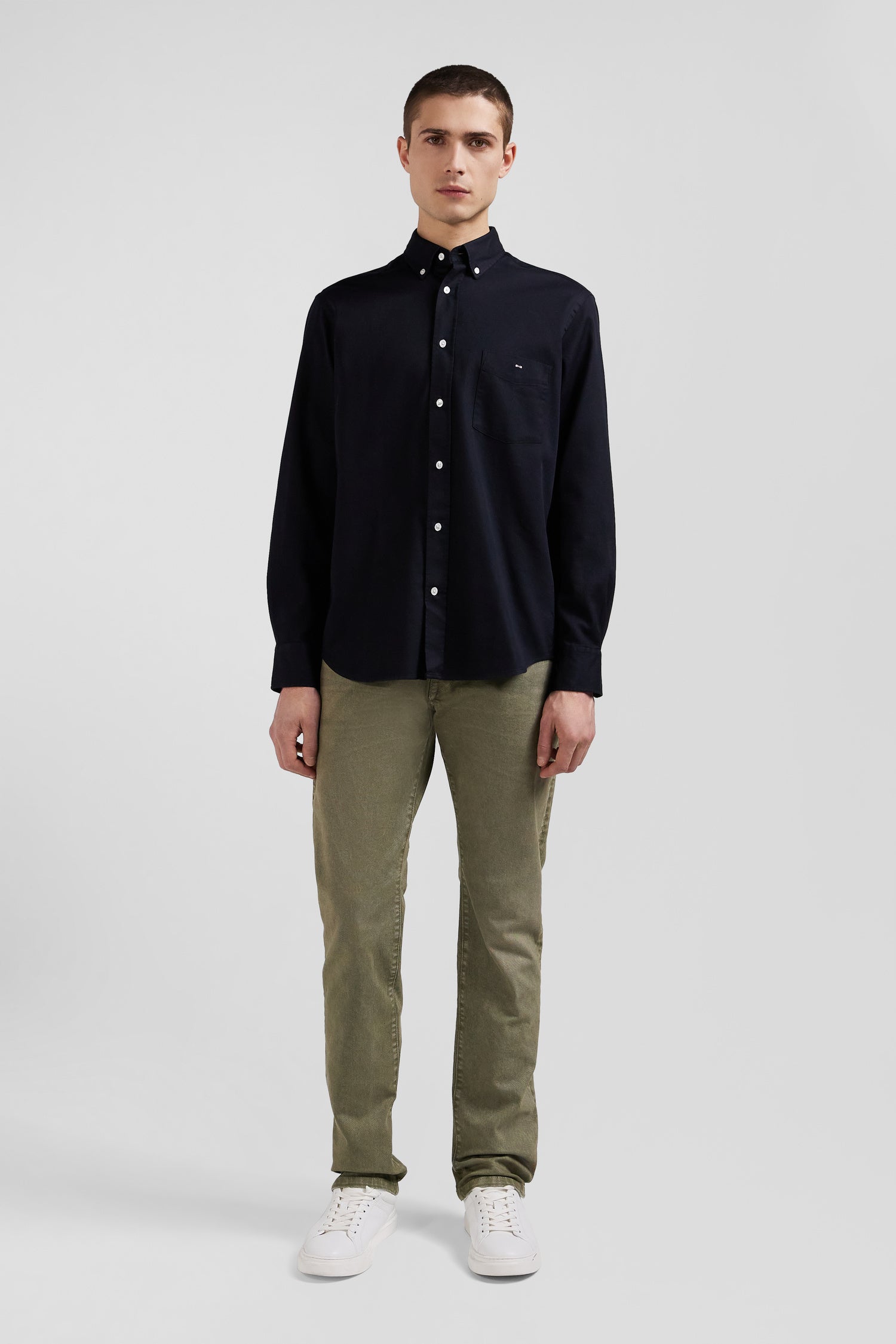 Regular plain black piqué cotton shirt