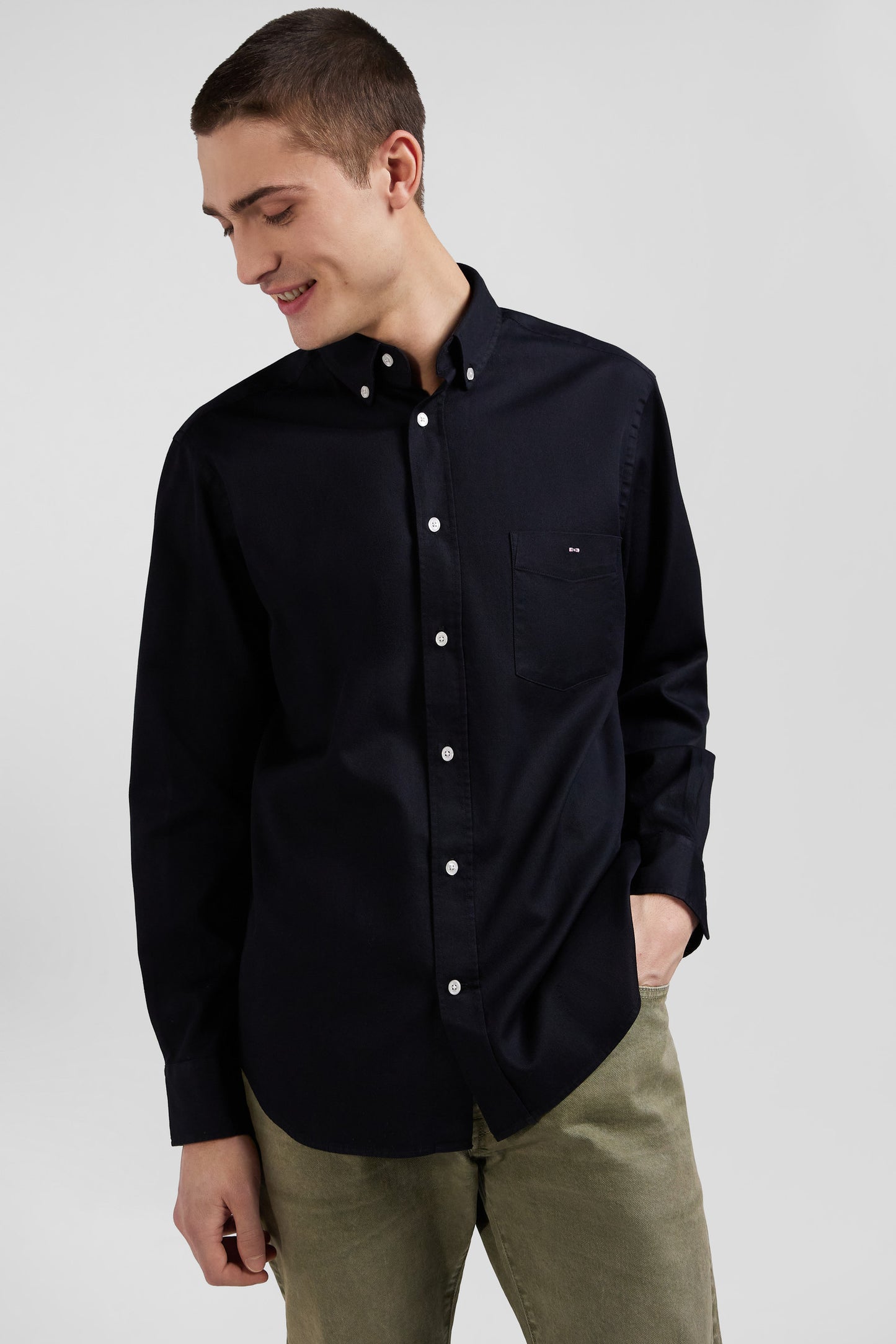 Regular plain black piqué cotton shirt