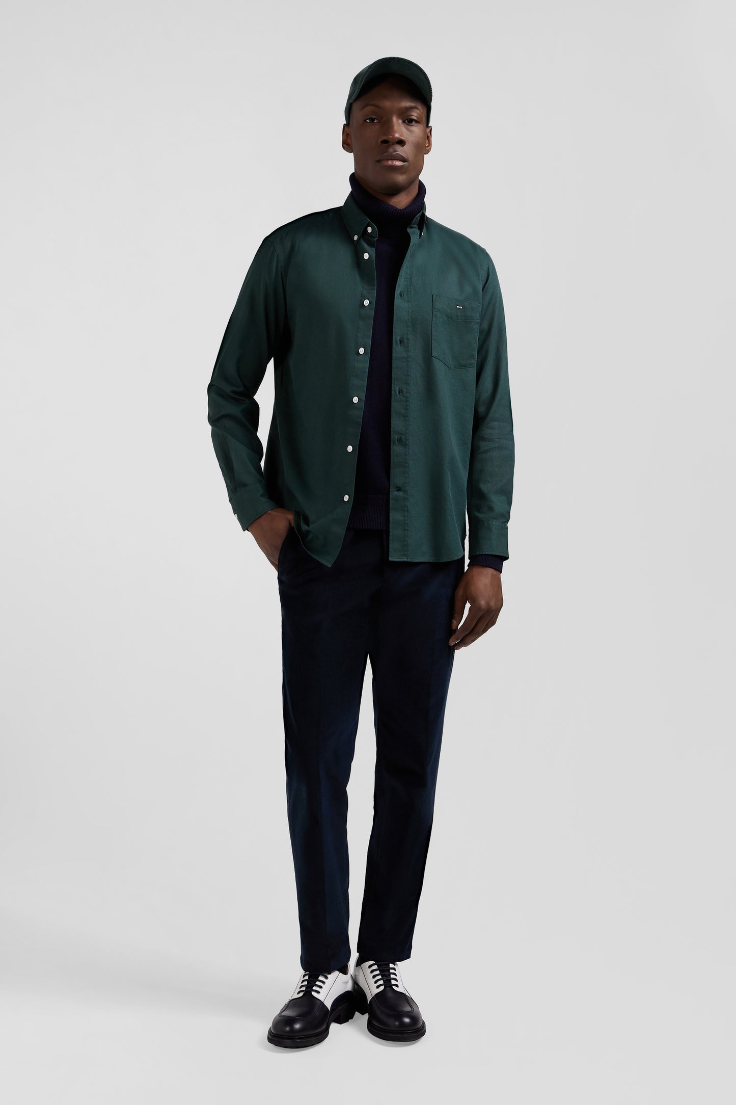 Regular plain green piqué cotton shirt