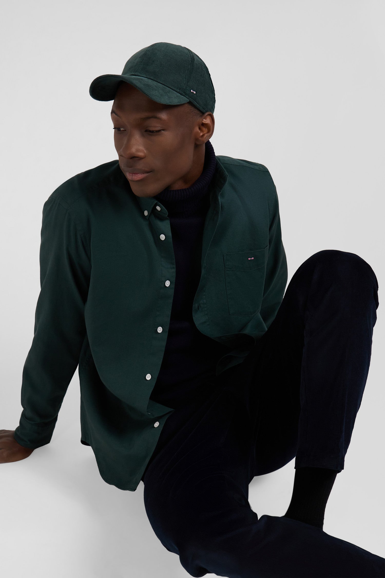 Regular plain green piqué cotton shirt