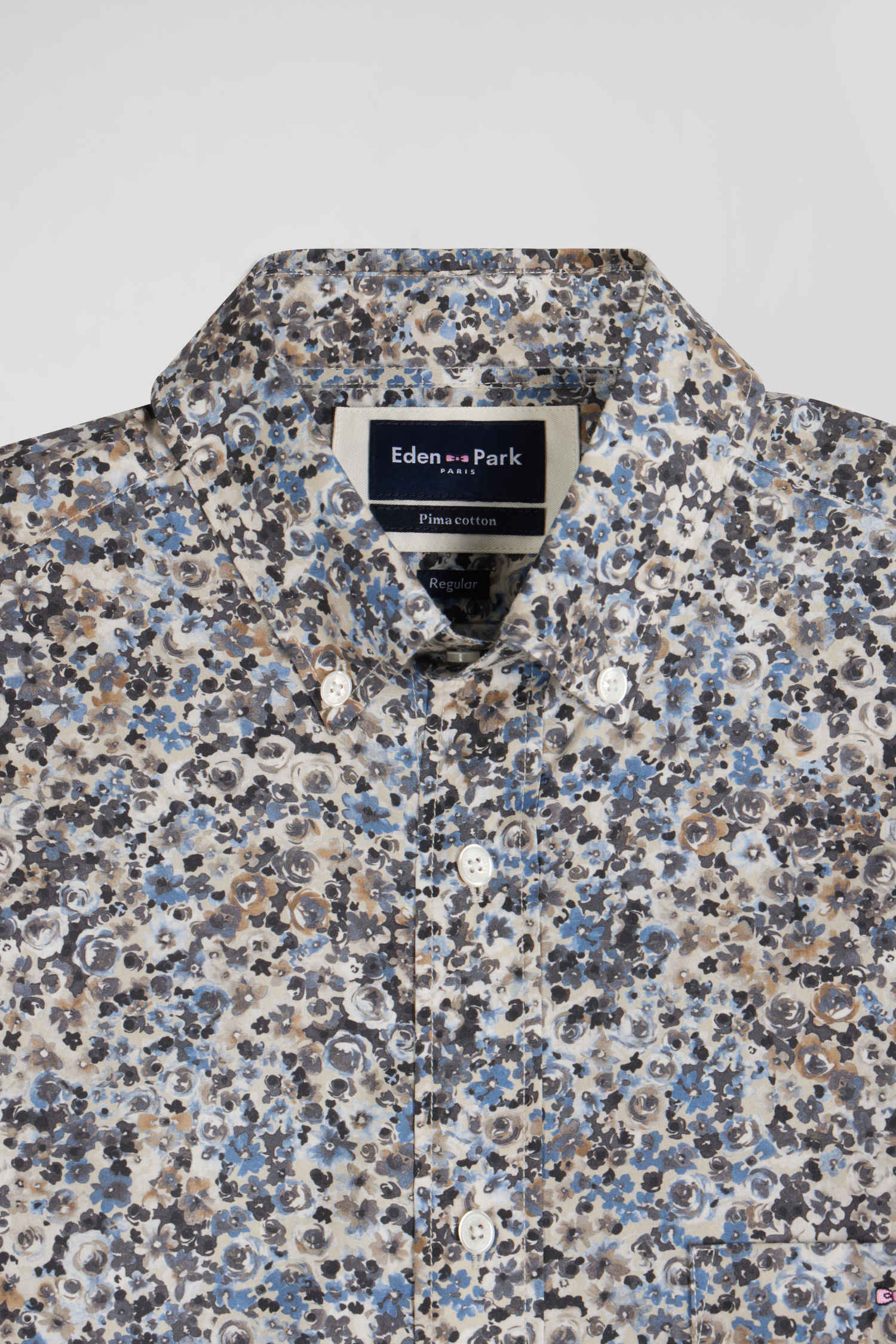 Regular ecru cotton poplin shirt with micro floral print