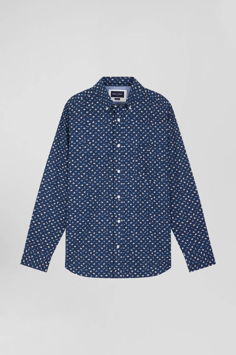 Regular navy cotton poplin shirt with micro floral print - Image 2