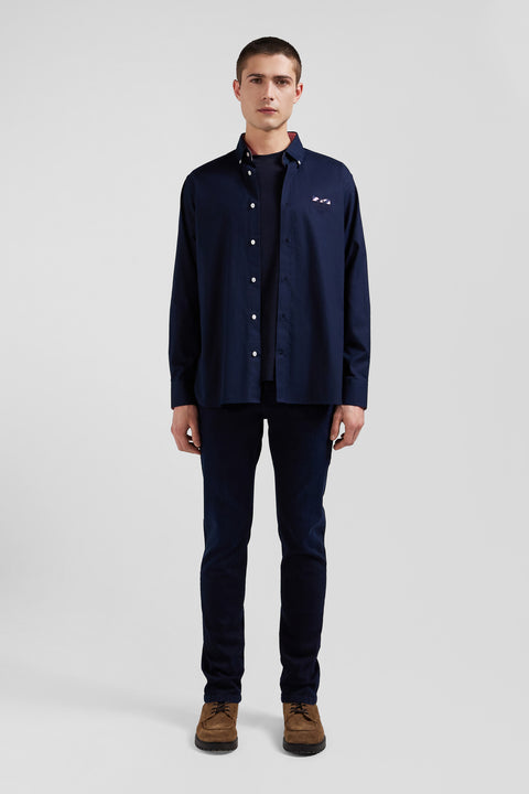 Regular navy blue oxford cotton shirt with striped bow tie detail - Image 1