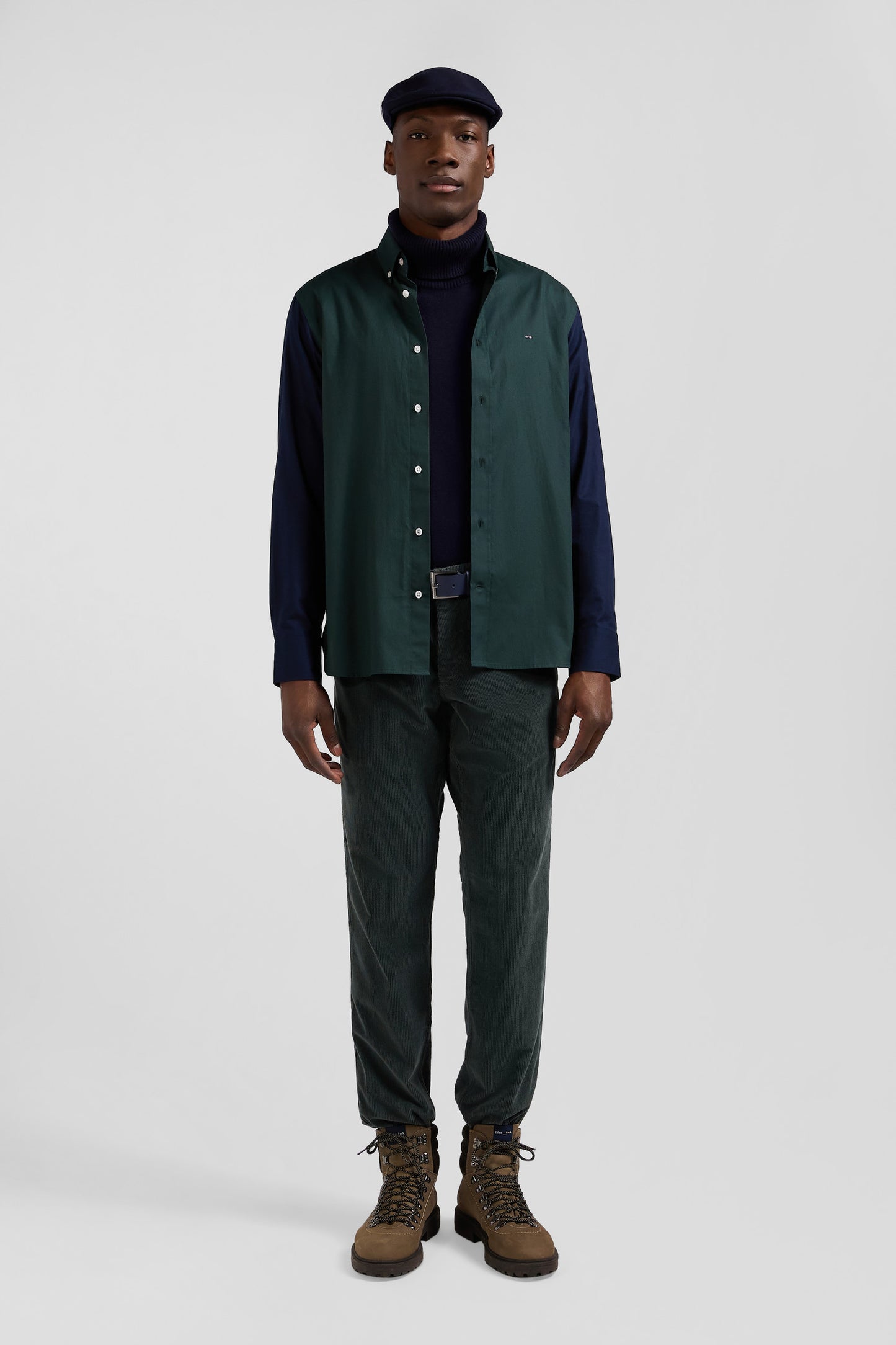 Regular green and navy oxford cotton shirt with back embroidery