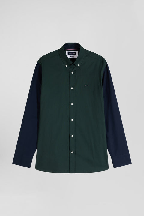 Regular green and navy oxford cotton shirt with back embroidery - Image 2